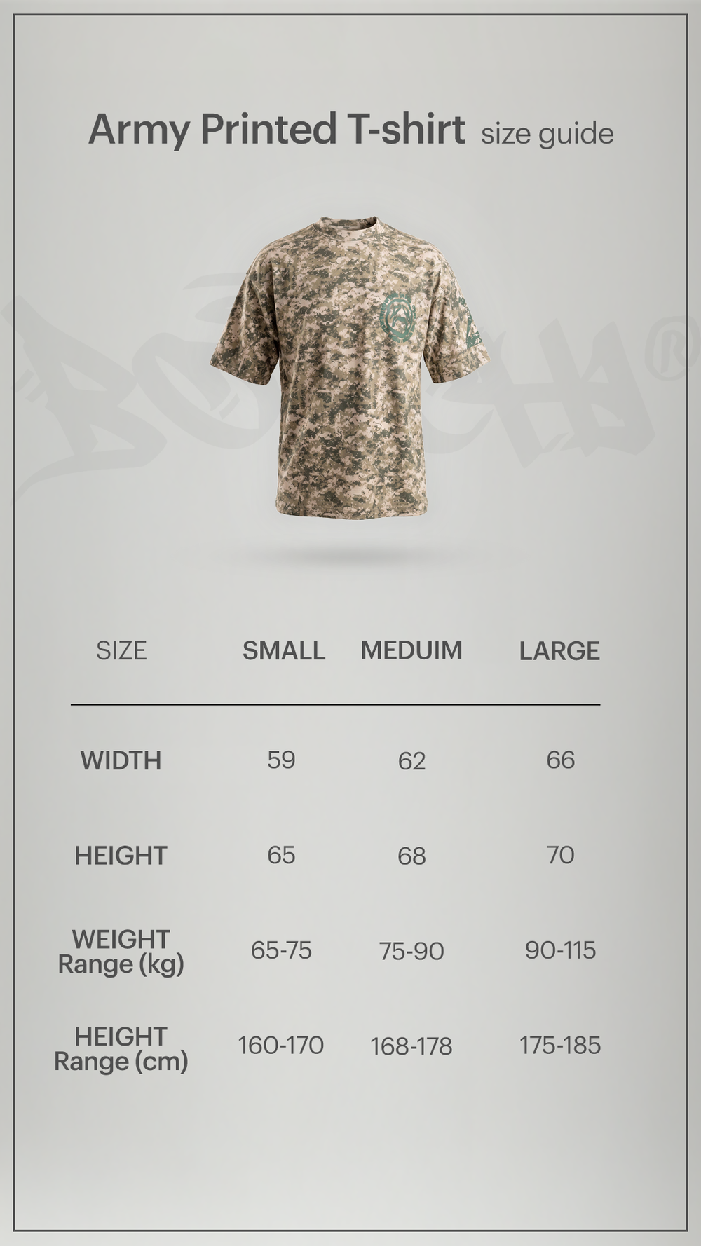 Size chart for Botchi Army Printed T-shirt