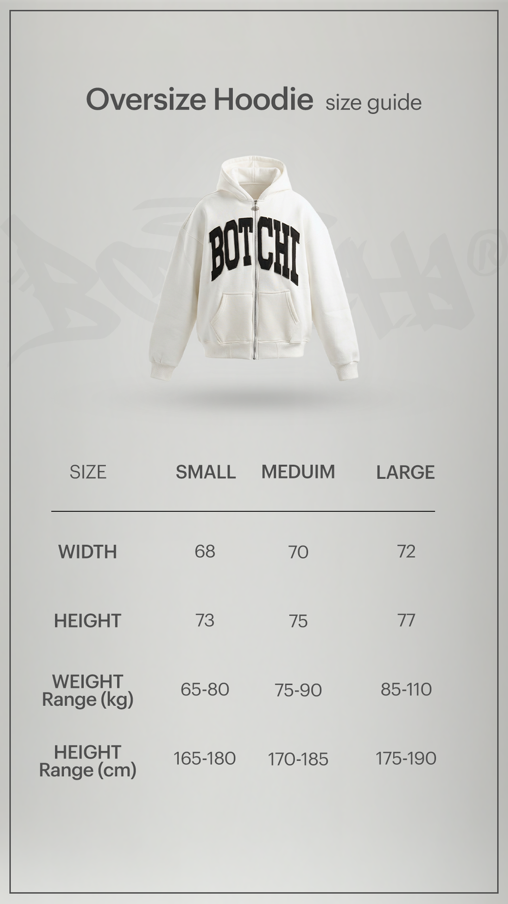 Size chart for Botchi Heavy Melton Zip Hoodie Black