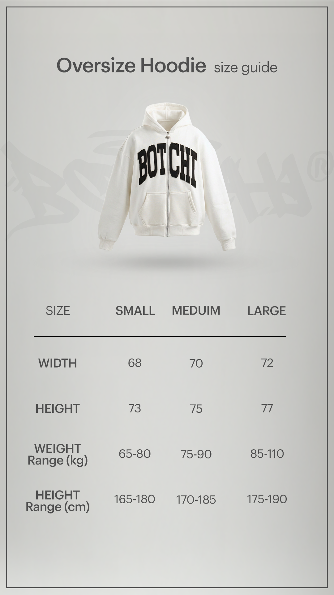Botchi Heavy Melton Zip Hoodie White size guide