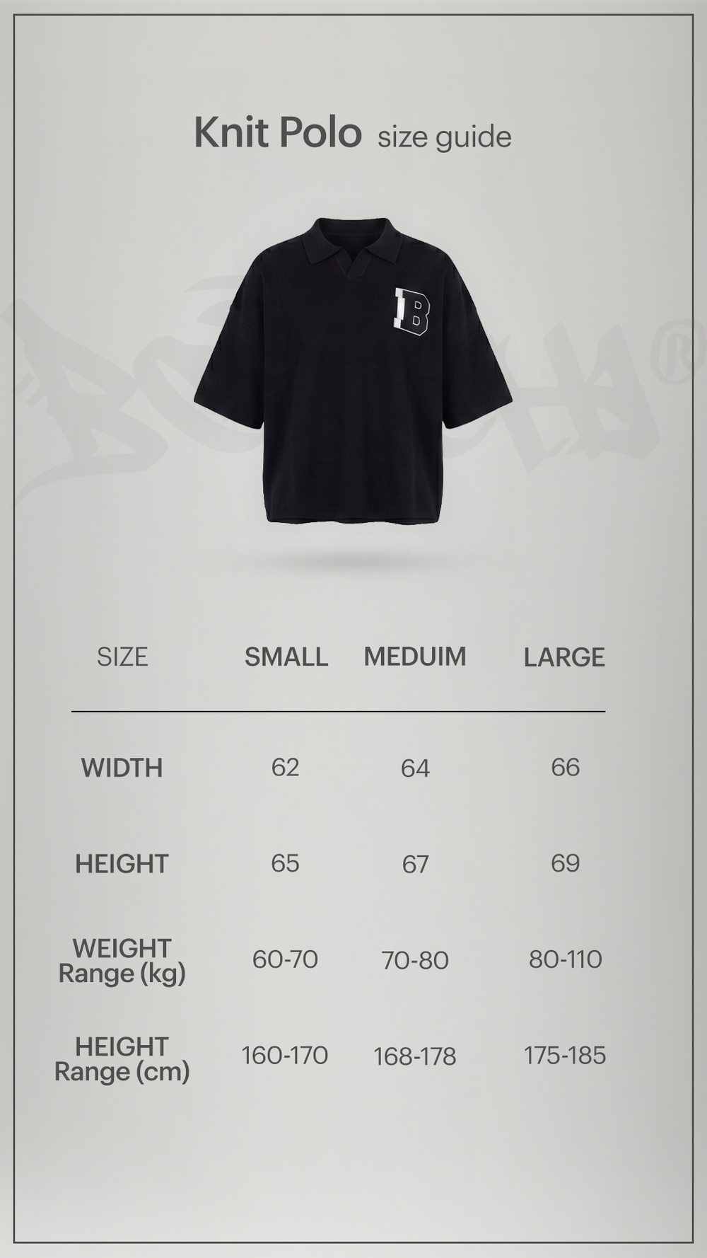 Size chart for Botchi Knit Polo Black