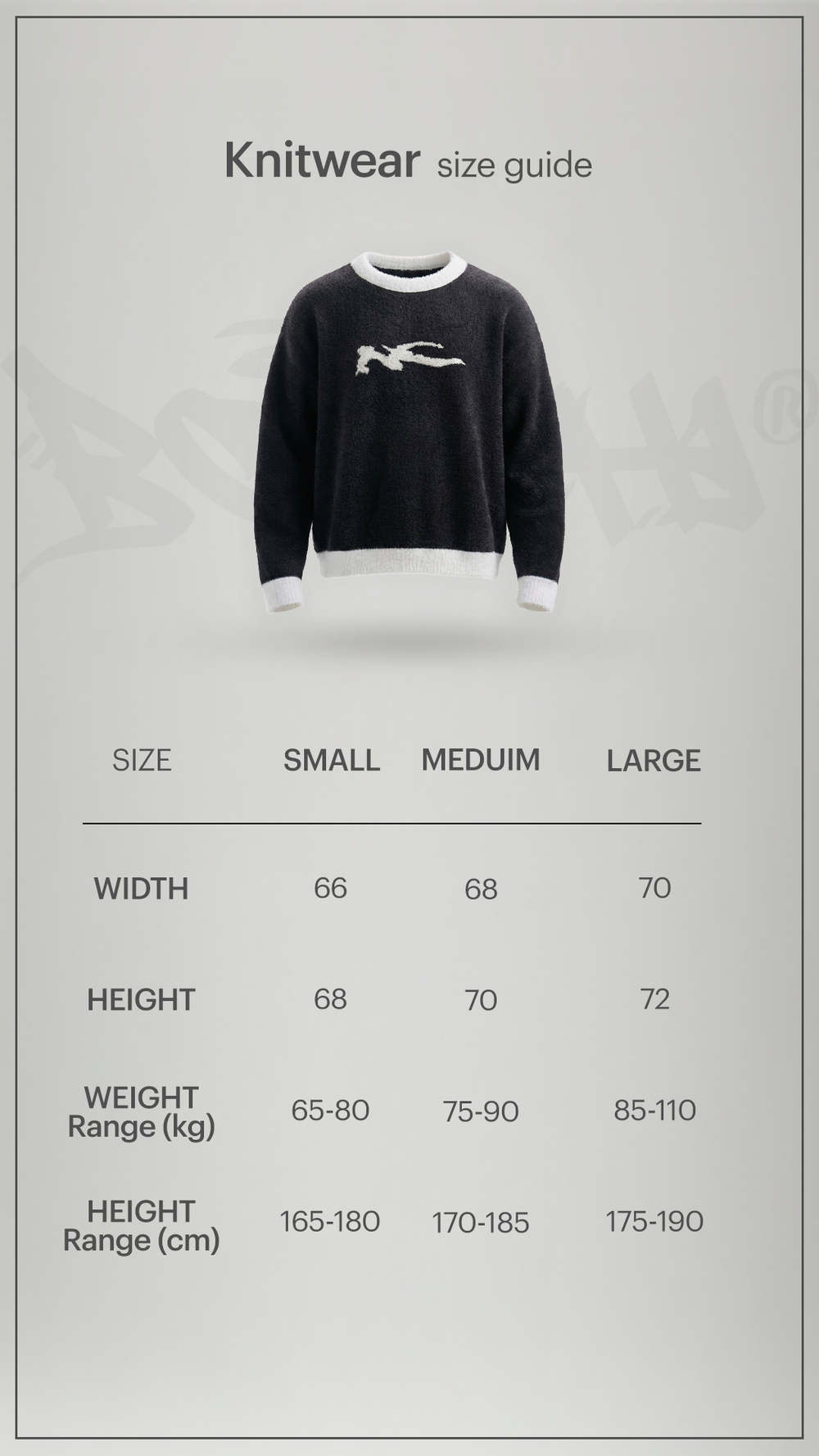 Size chart for Botchi Fluffy Knit Sweater Black