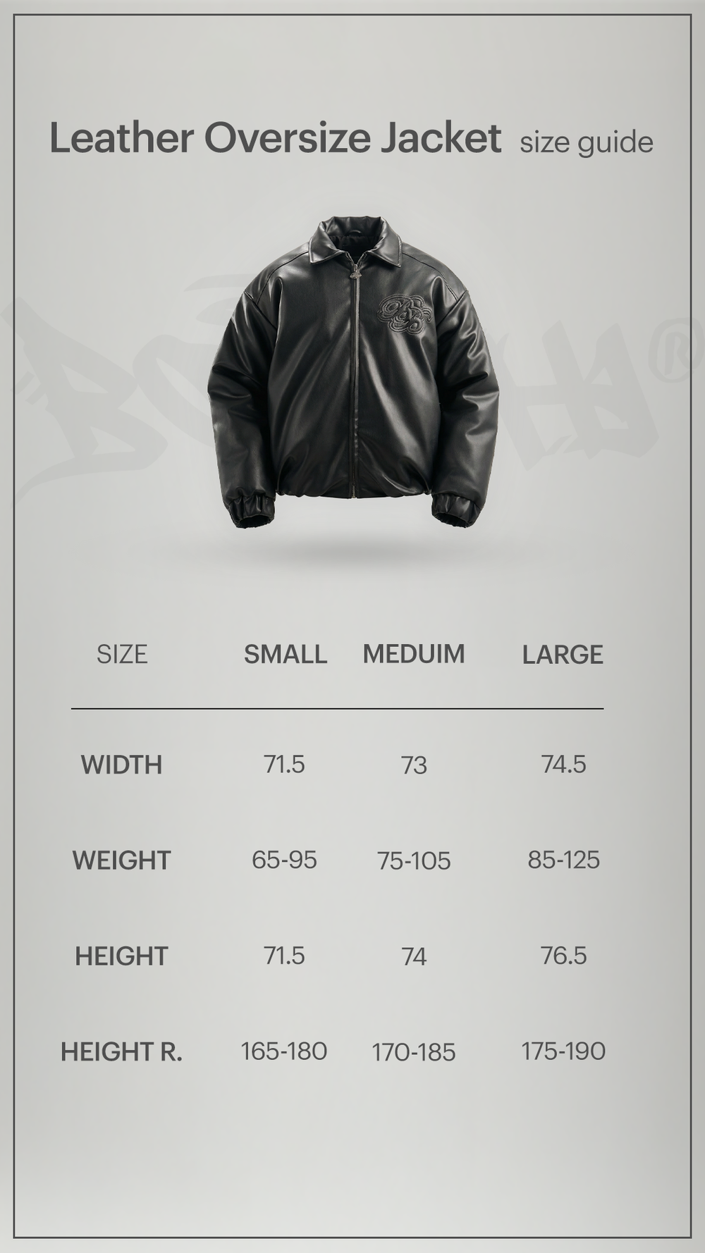 Size chart for Botchi Embroidered Leather Jacket Black (Oversized - Waterproof)