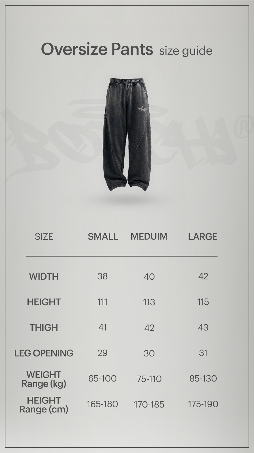Size chart for Botchi Stone Washed Melton Pants Grey (Wide Leg)