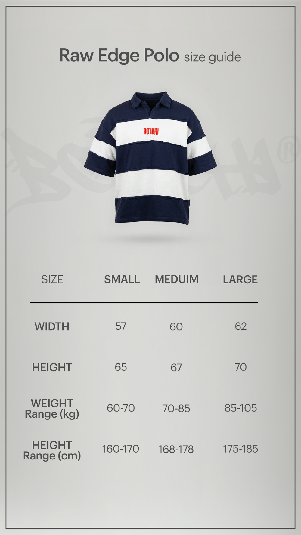 Size chart for Raw Edge Polo (Navy & White)