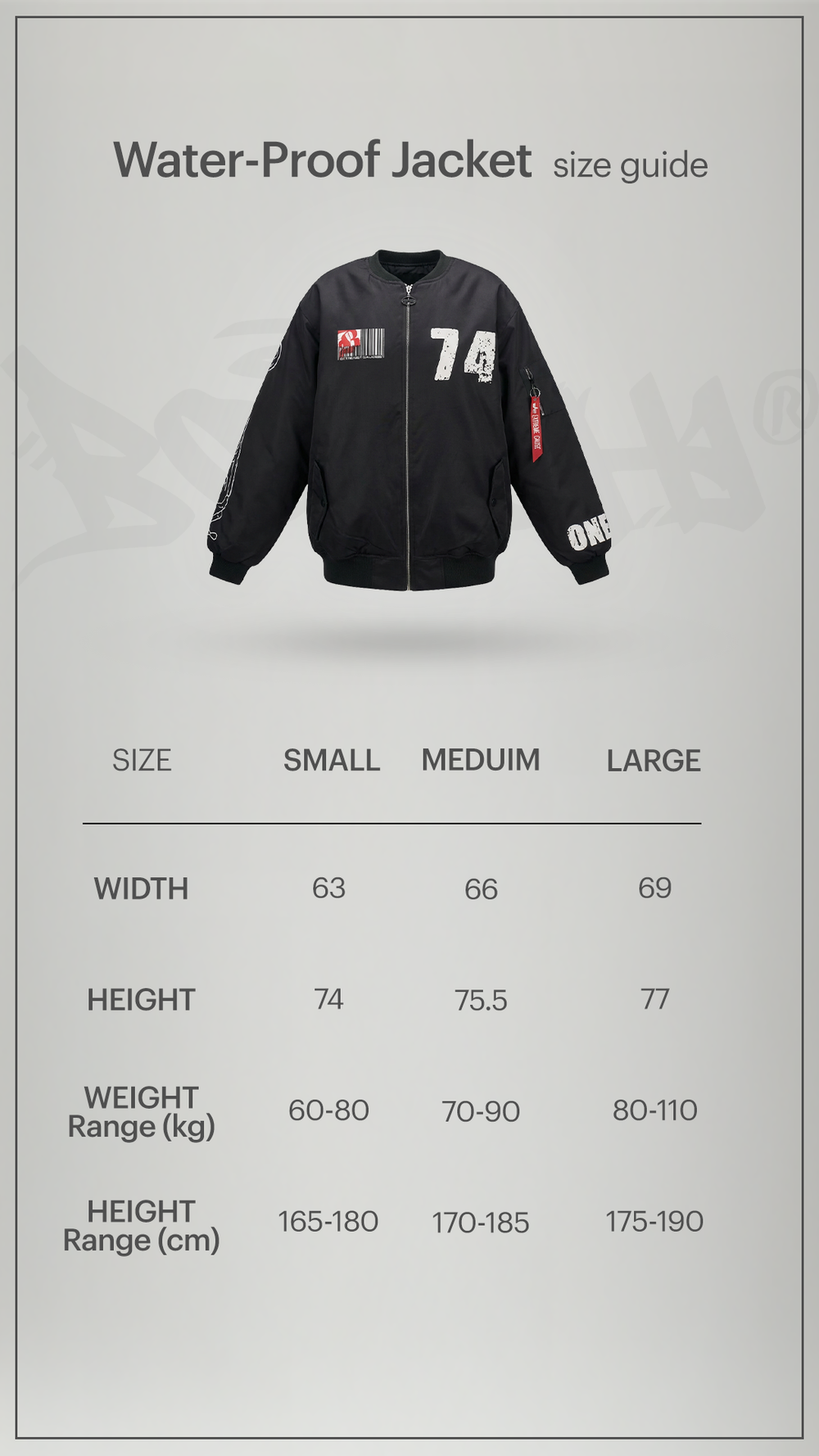 Size chart for Botchi Padded Waterproof Leather Jacket Black (74 Back Print)