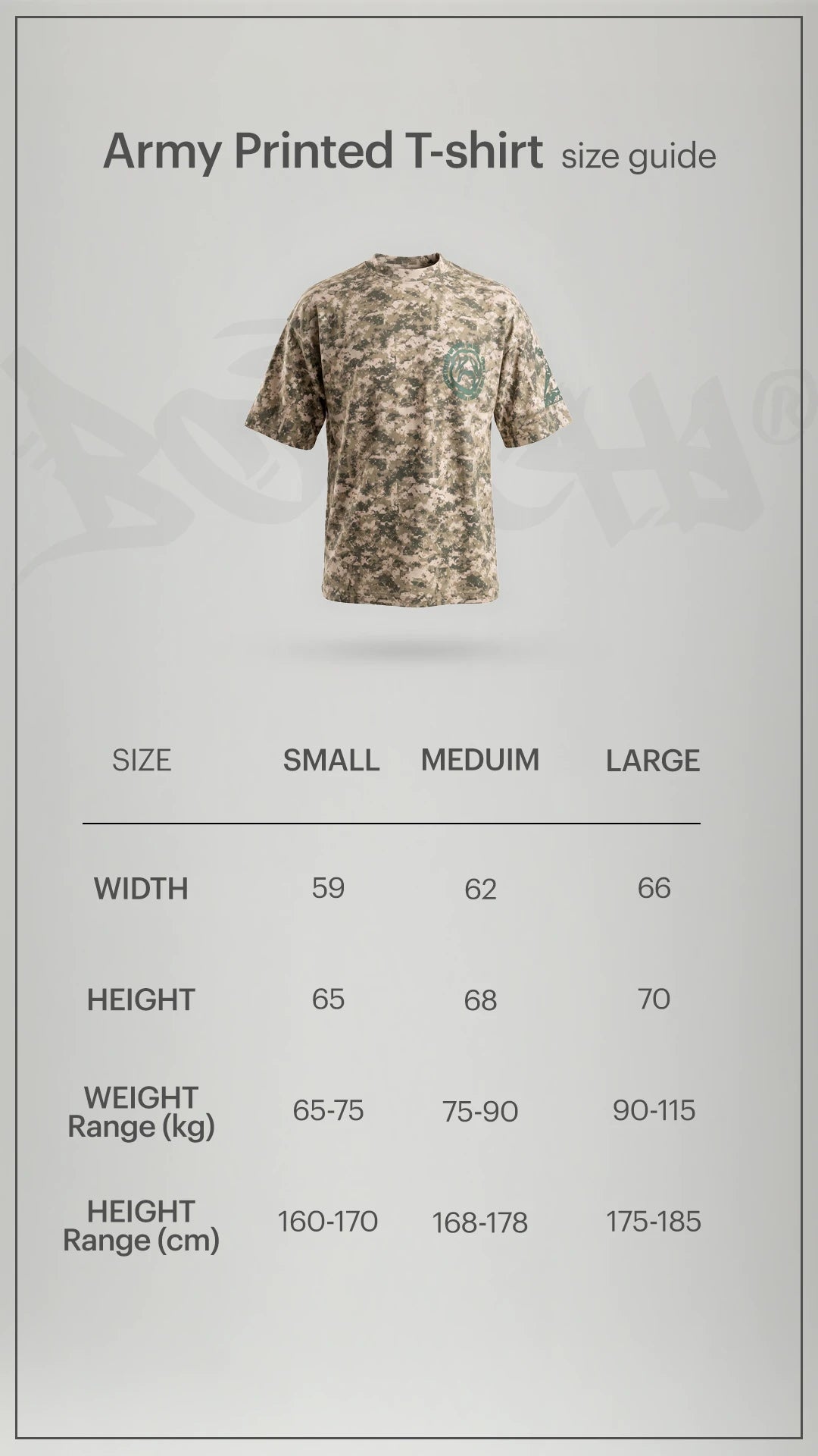 Botchi Army Printed T-shirt size guide