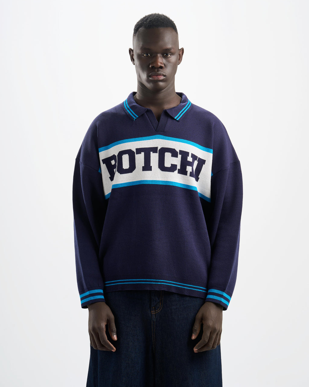 Botchi Wool Knit Polo Navy (Botchi Front Stripe)