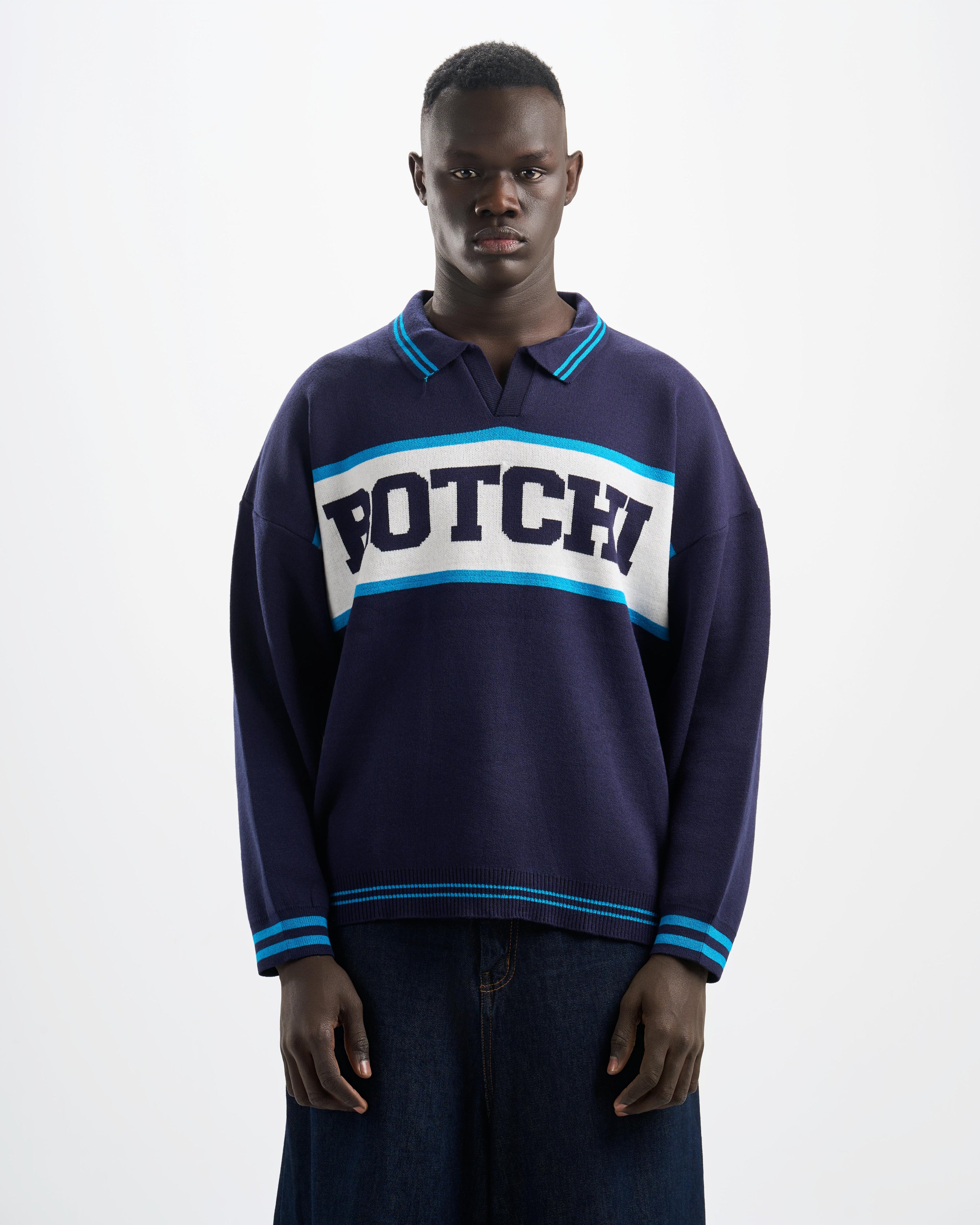 Botchi Wool Knit Polo Navy (Botchi Front Stripe)
