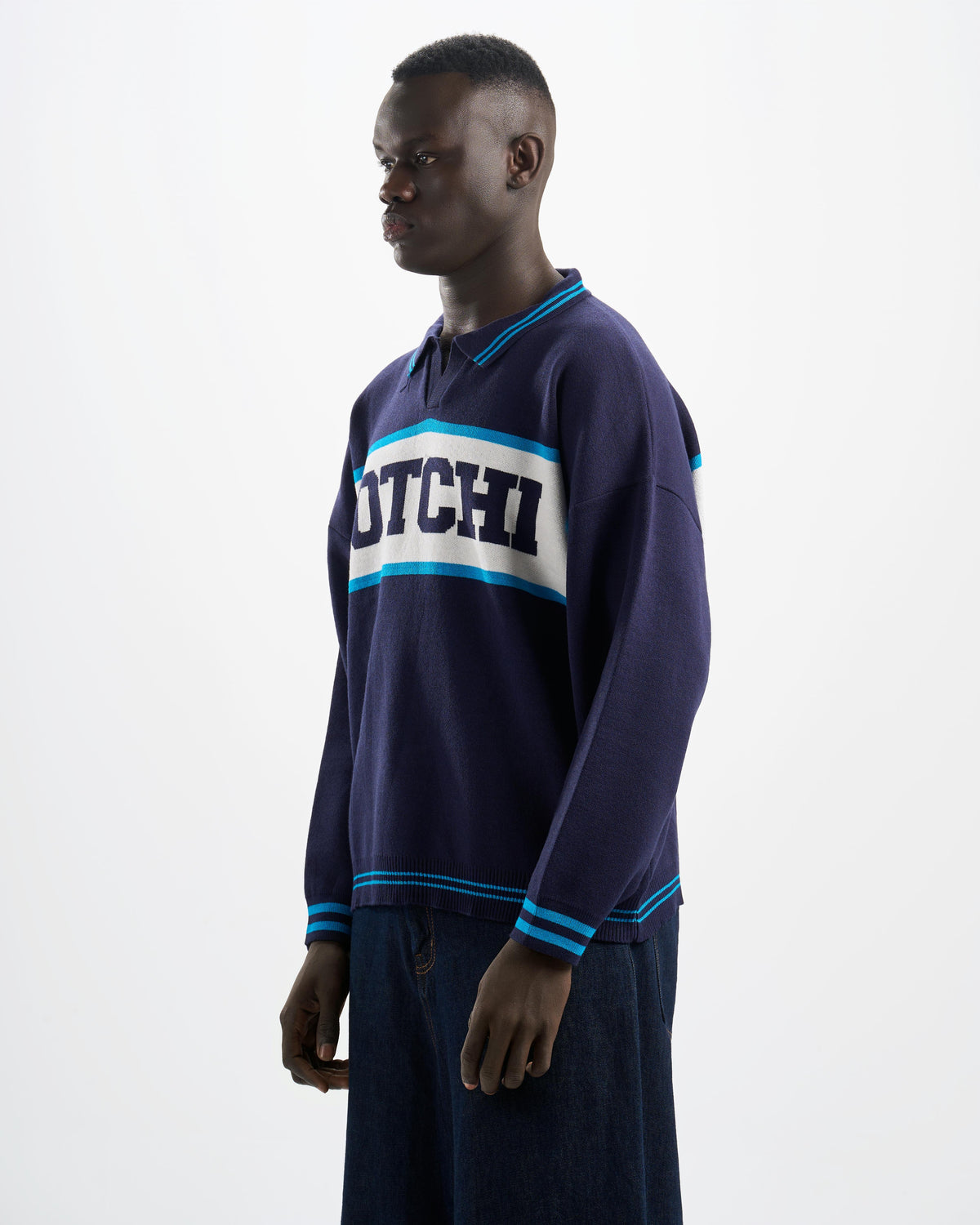 Botchi Wool Knit Polo Navy (Botchi Front Stripe)