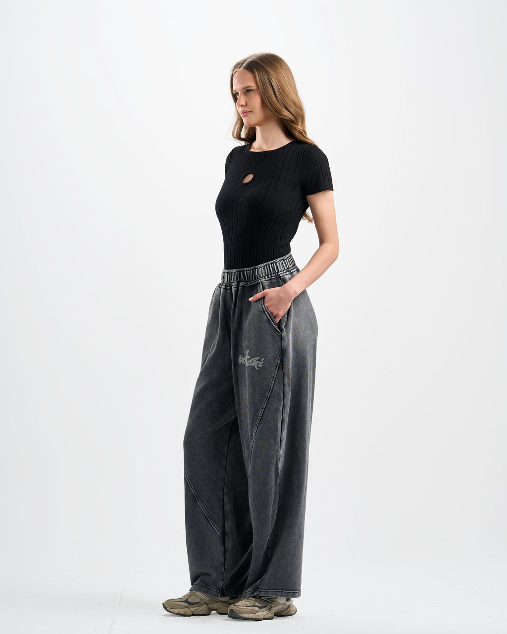 Botchi Stone Washed Melton Pants Grey (Wide Leg)