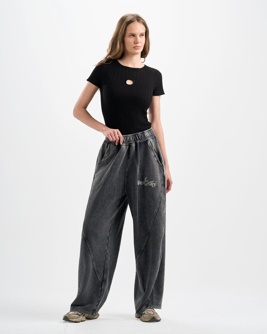 Botchi Stone Washed Melton Pants Grey (Wide Leg)