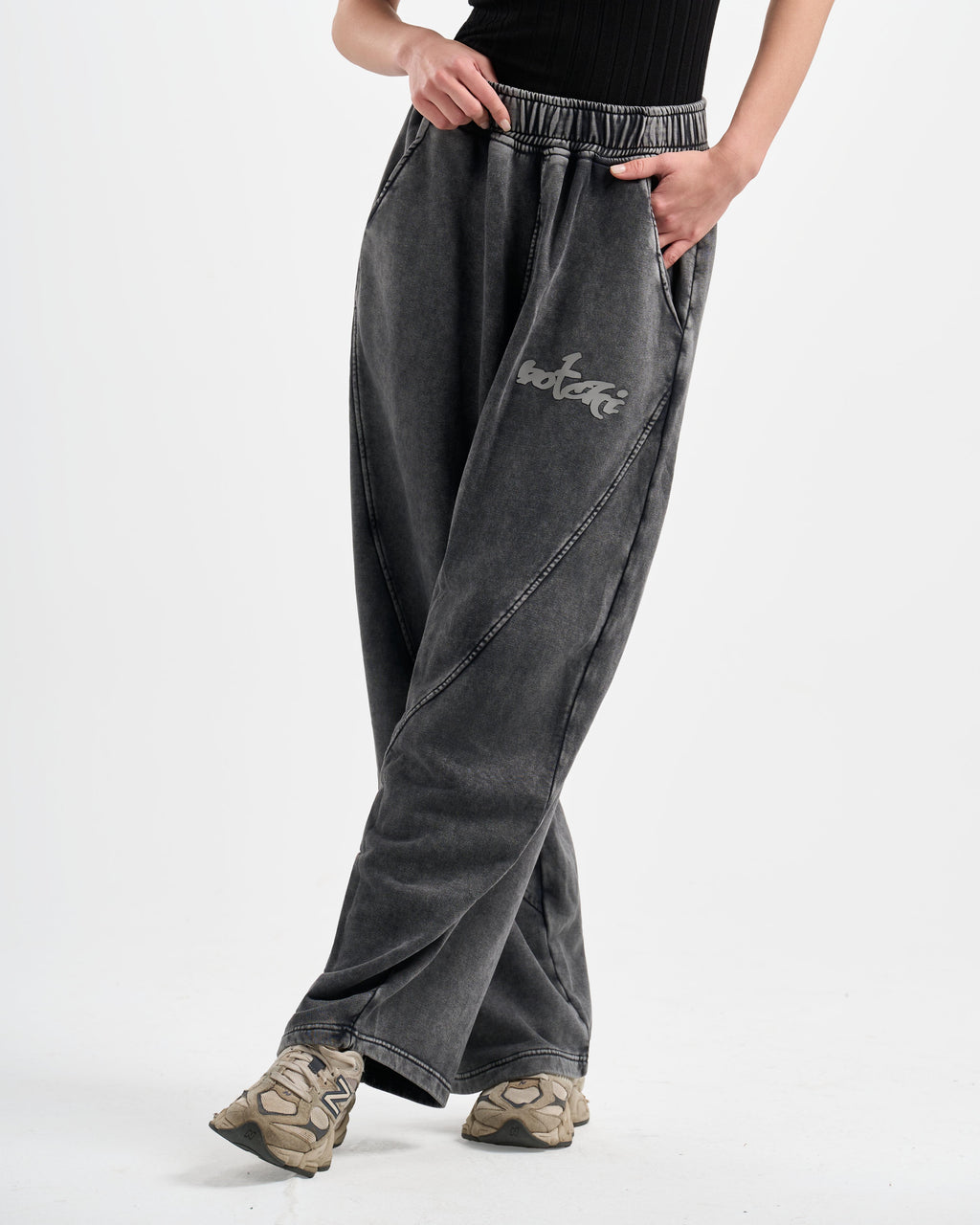 Botchi Stone Washed Melton Pants Grey (Wide Leg)