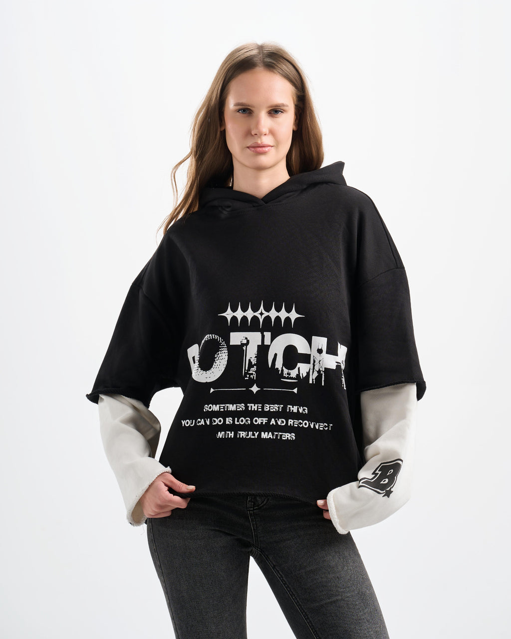 Botchi Layered Melton Hoodie Black & White