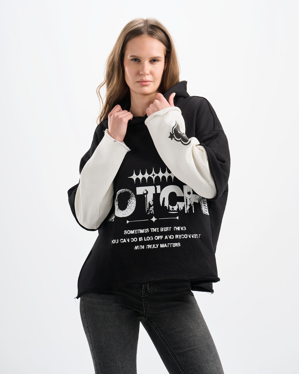 Botchi Layered Melton Hoodie Black & White