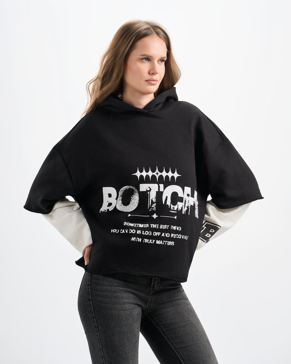 Botchi Layered Melton Hoodie Black & White