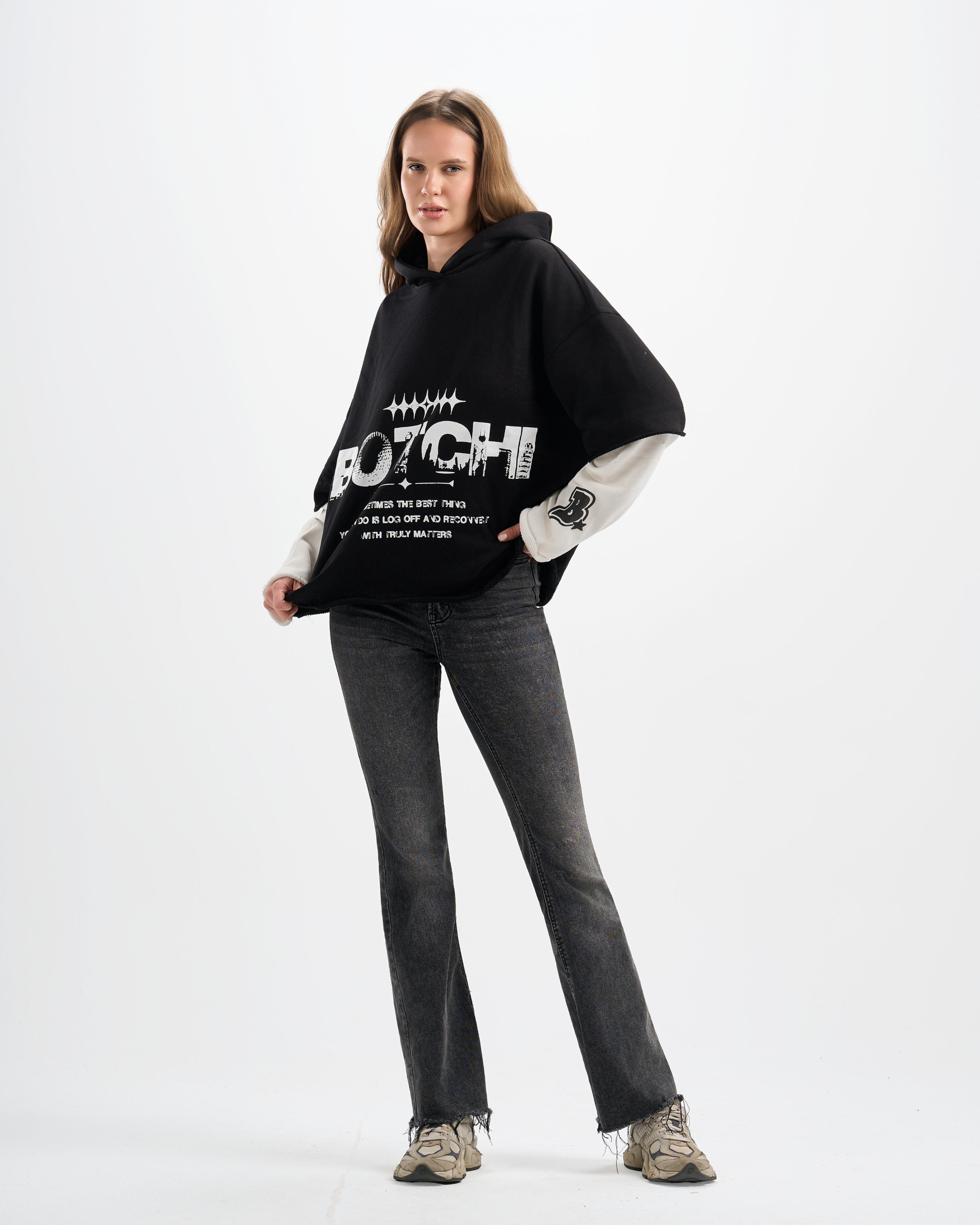 Botchi Layered Melton Hoodie Black & White