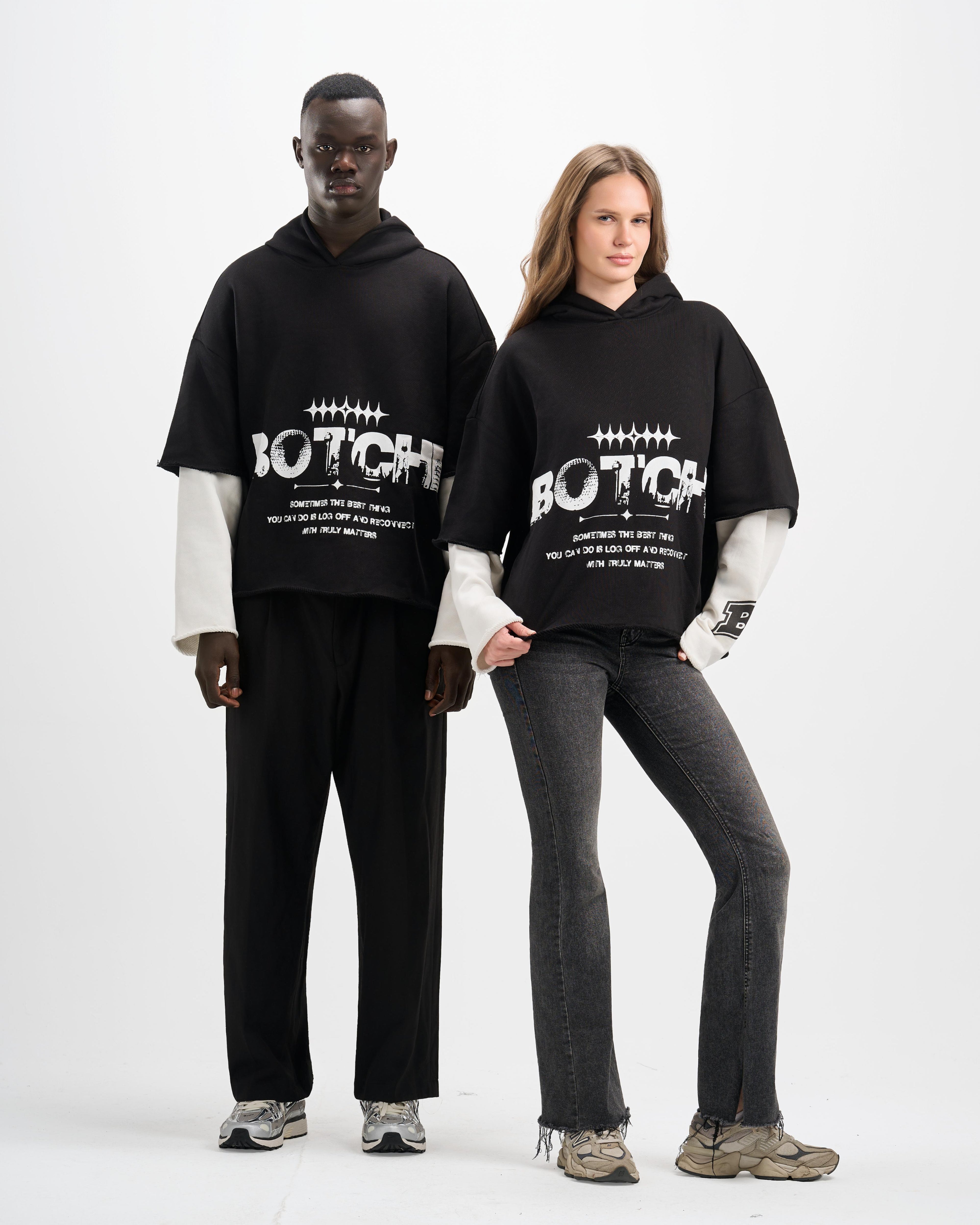 Botchi Layered Melton Hoodie Black & White