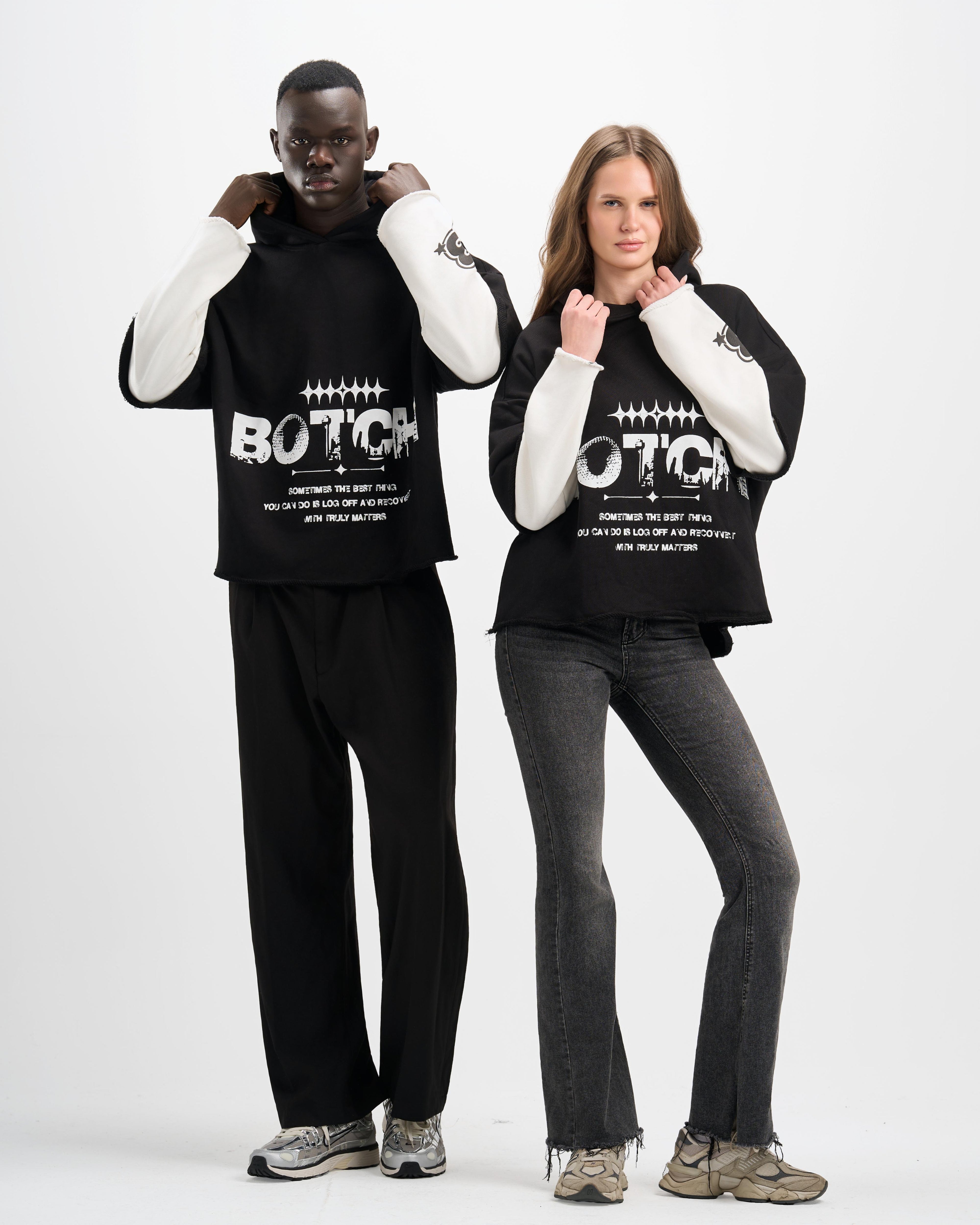 Botchi Layered Melton Hoodie Black & White