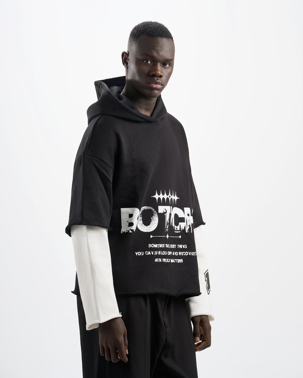 Botchi Layered Melton Hoodie Black & White