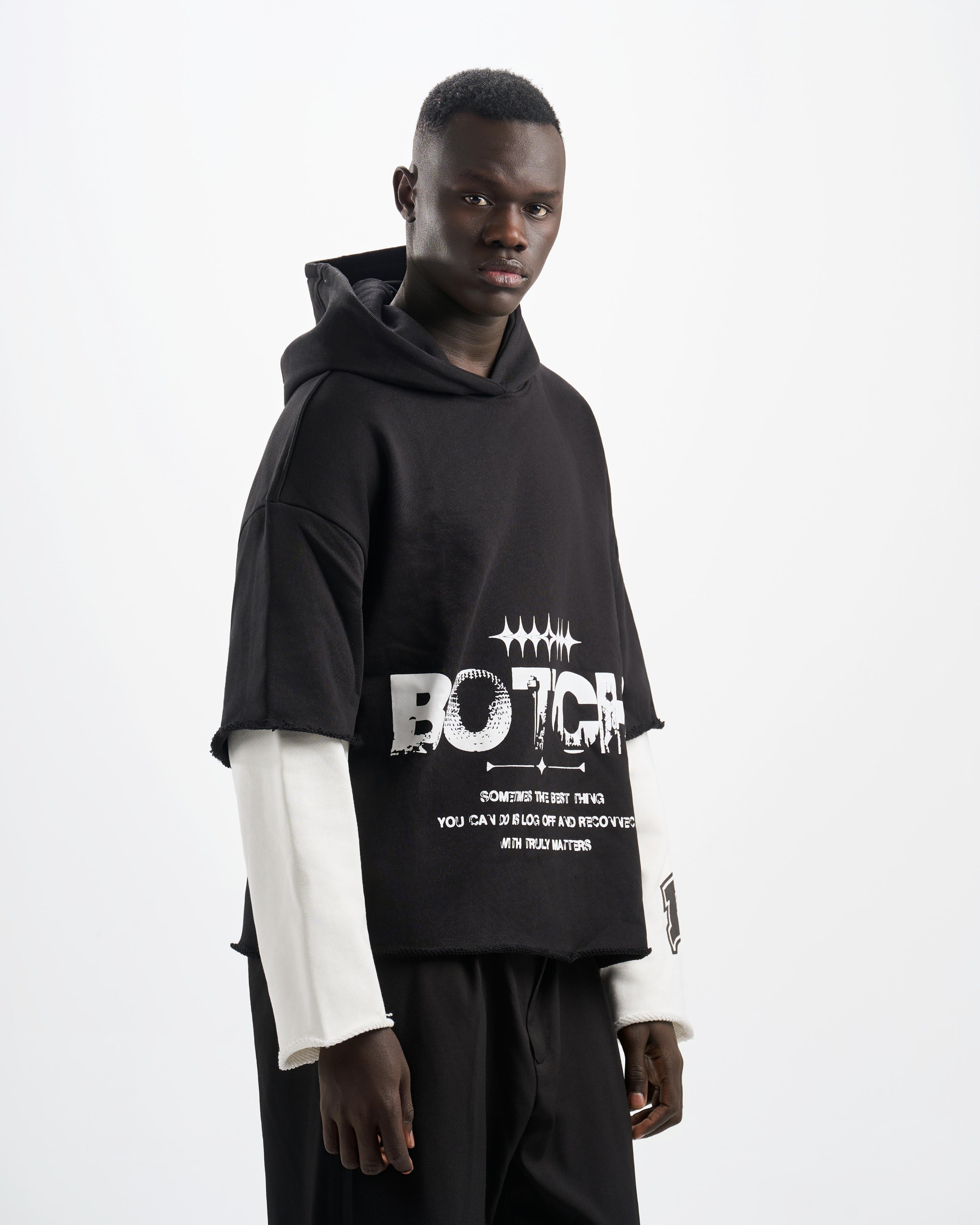 Botchi Layered Melton Hoodie Black & White