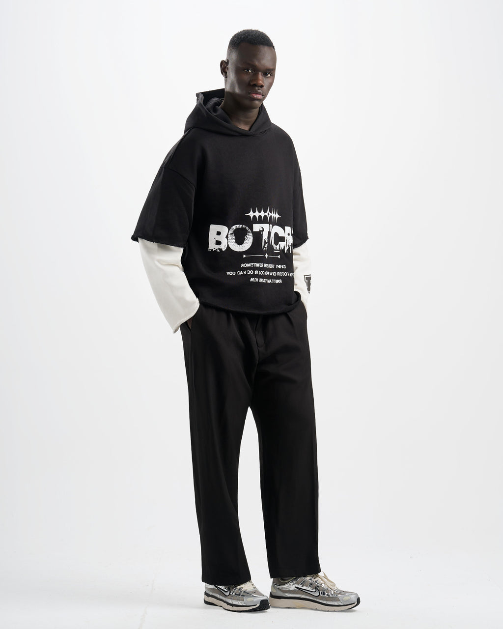 Botchi Layered Melton Hoodie Black & White