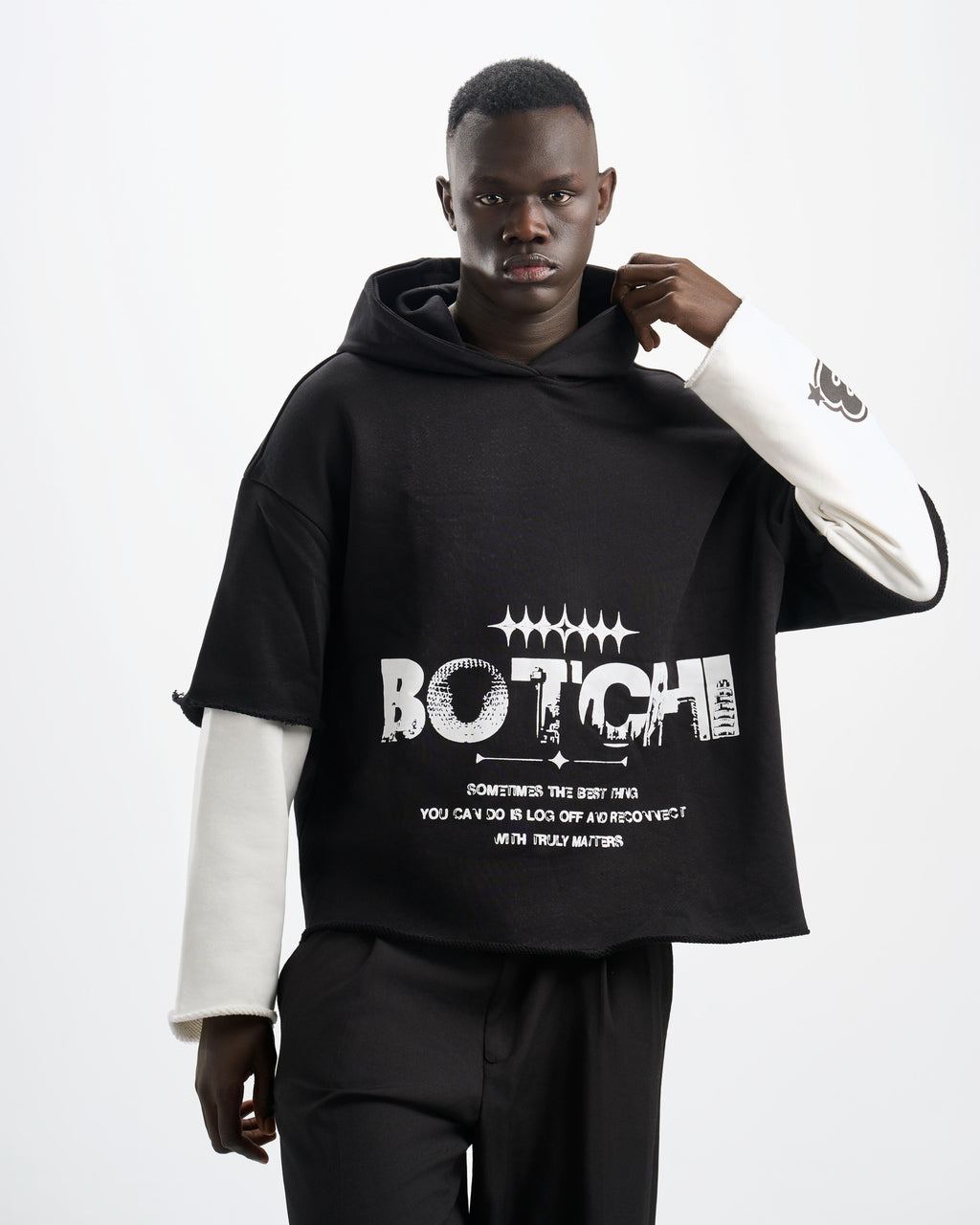 Botchi Layered Melton Hoodie Black & White
