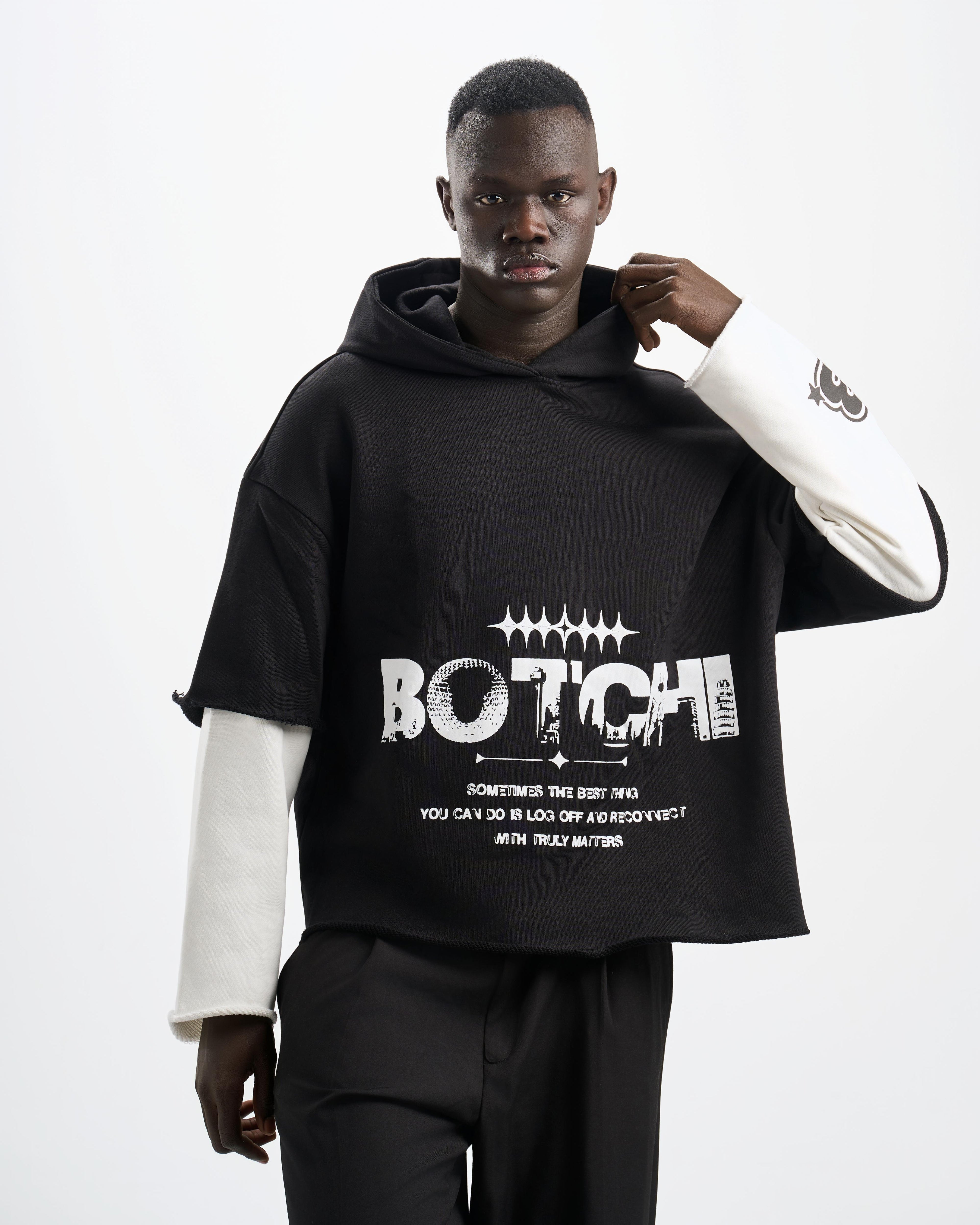 Botchi Layered Melton Hoodie Black & White