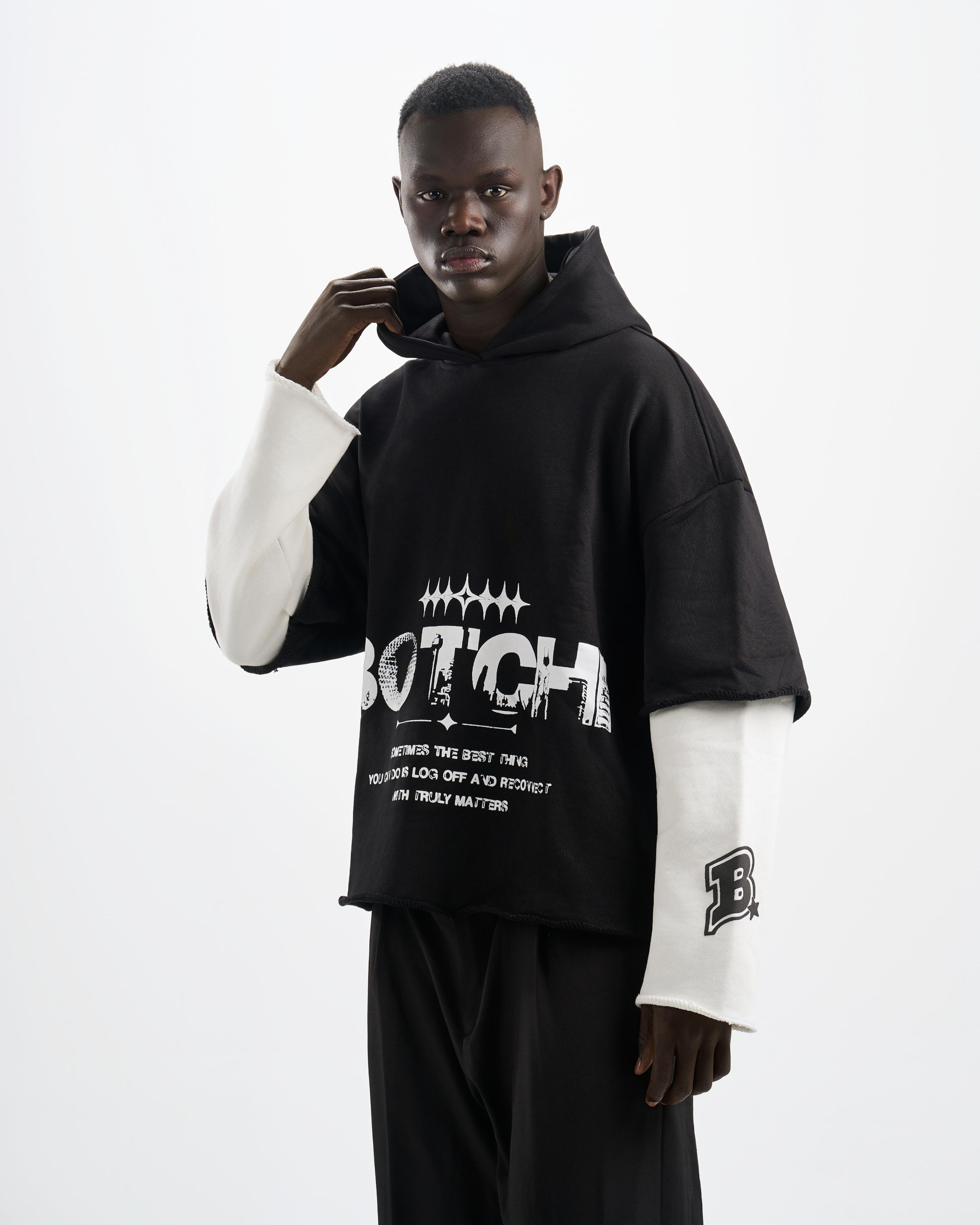 Botchi Layered Melton Hoodie Black & White