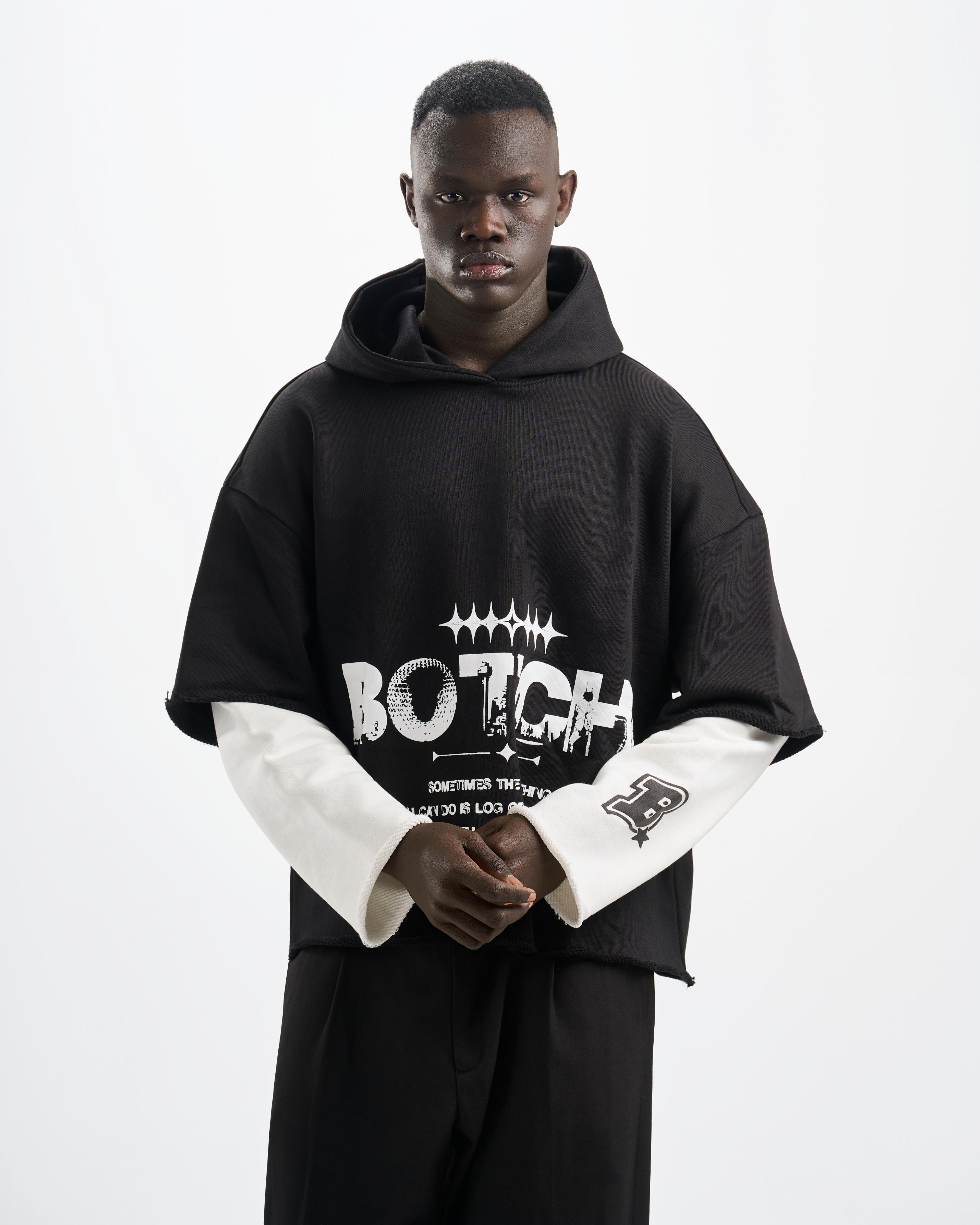 Botchi Layered Melton Hoodie Black & White