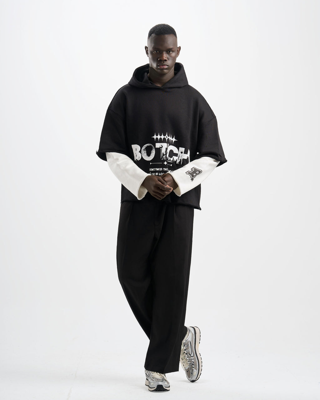 Botchi Layered Melton Hoodie Black & White