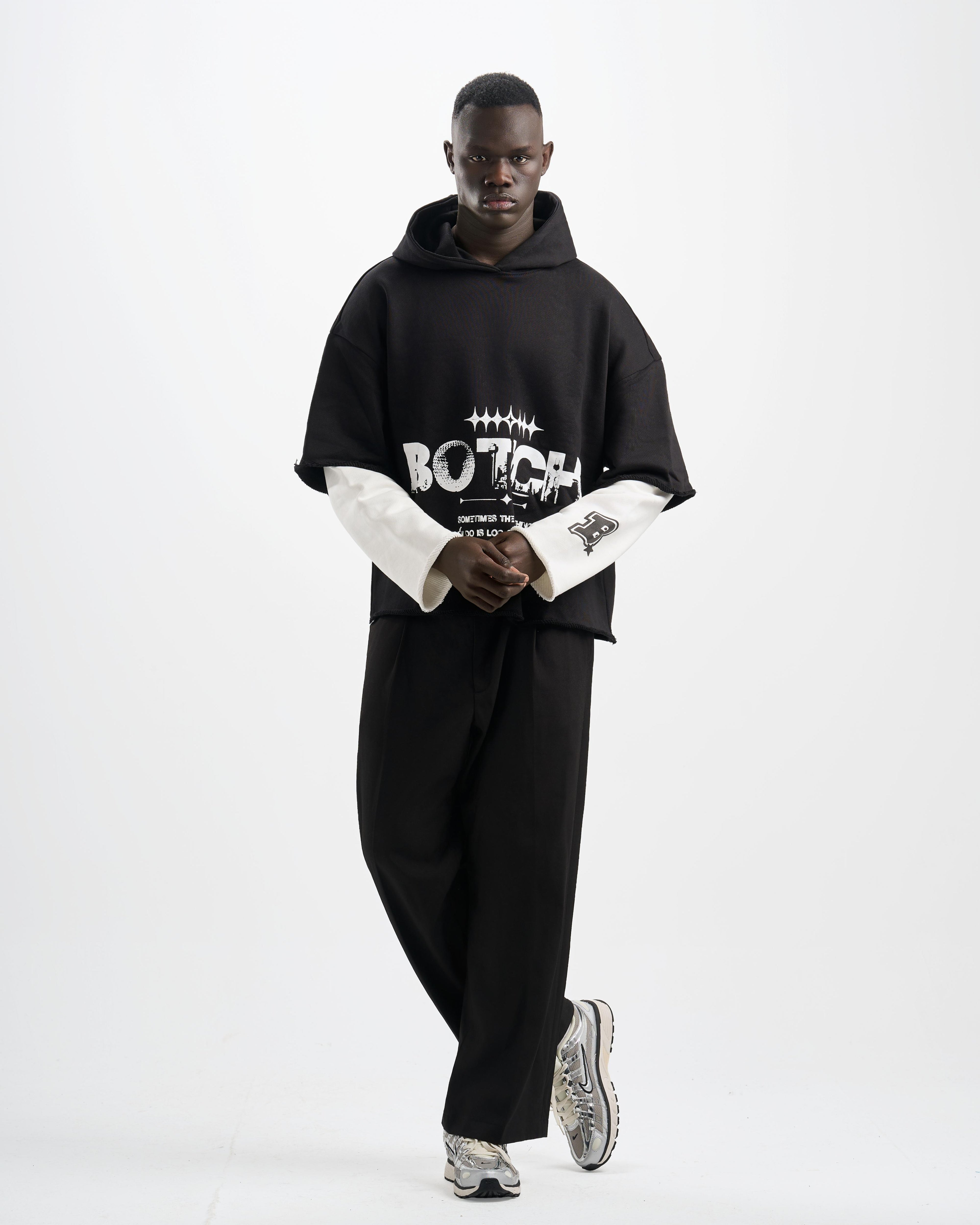 Botchi Layered Melton Hoodie Black & White