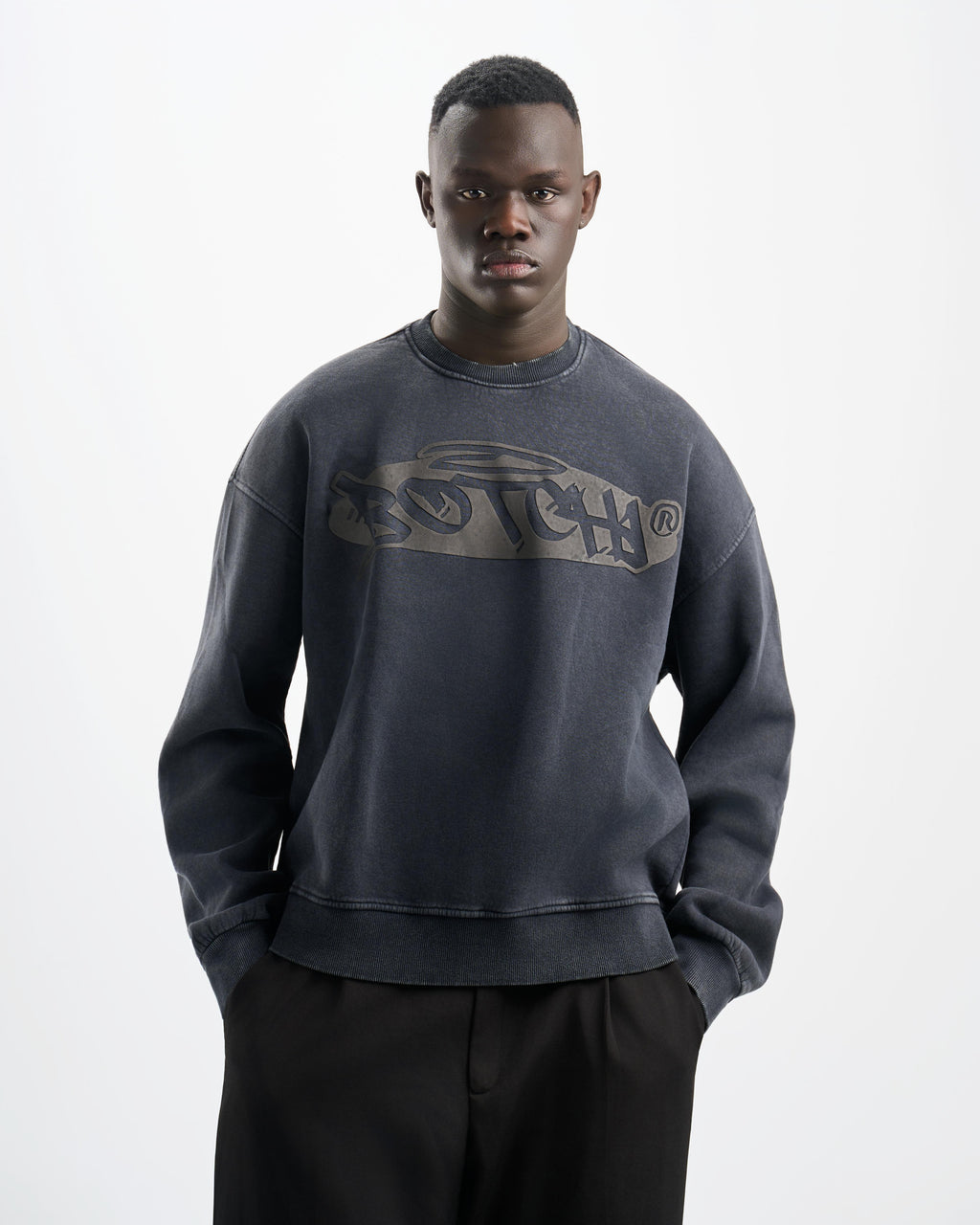 Botchi Stone Washed Melton Crewneck Dark Grey
