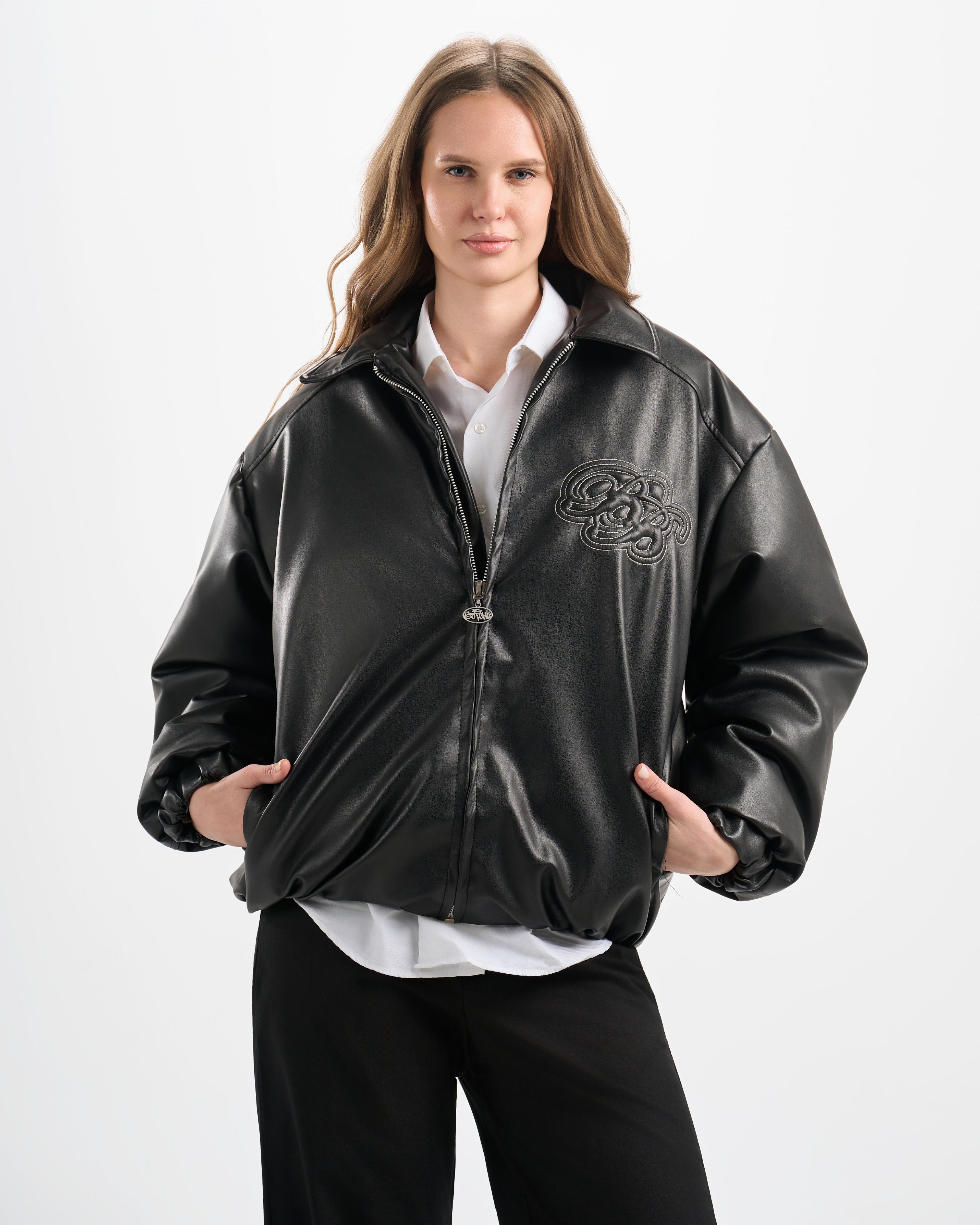 Botchi Embroidered Leather Jacket Black (Oversized - Waterproof)