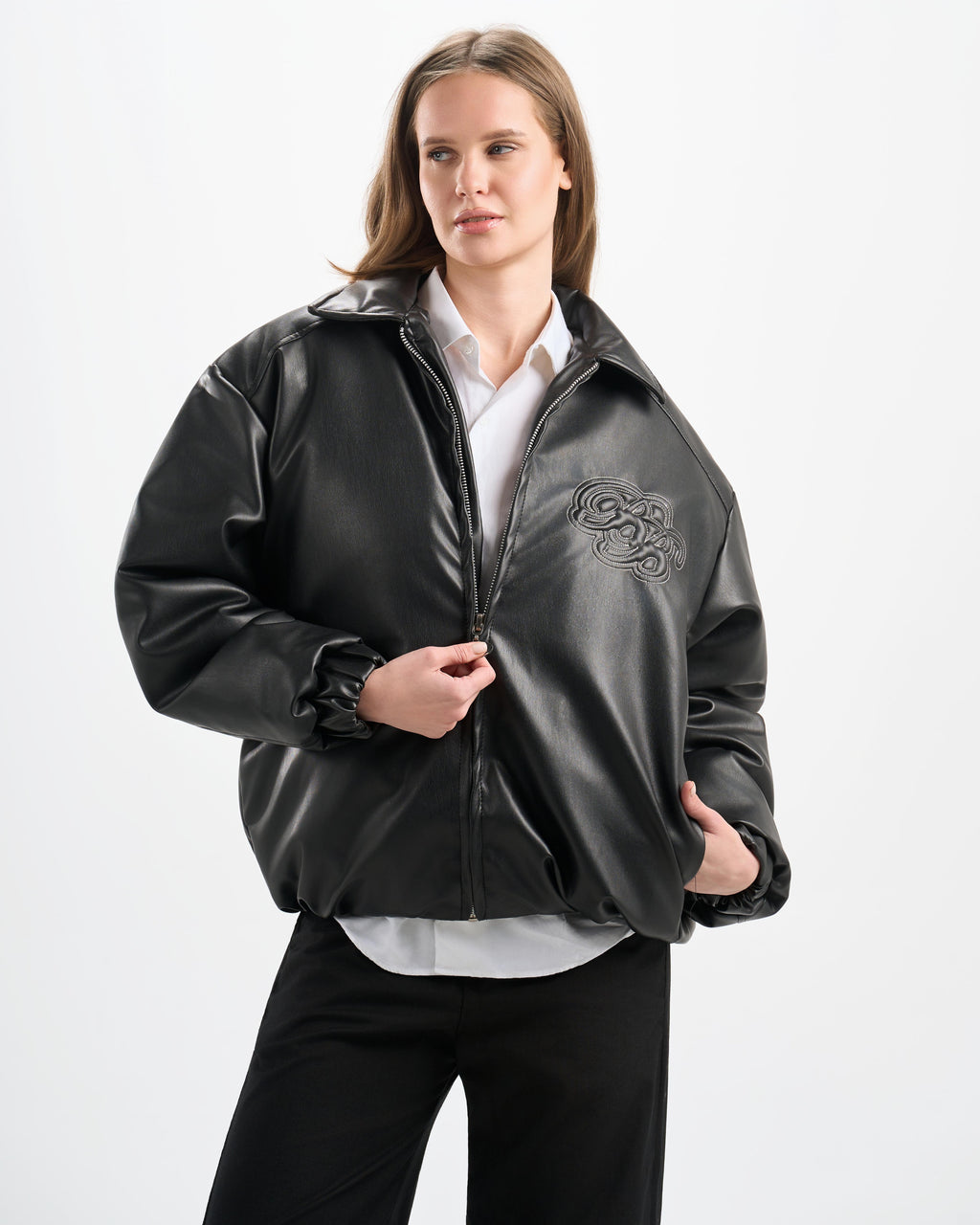 Botchi Embroidered Leather Jacket Black (Oversized - Waterproof)