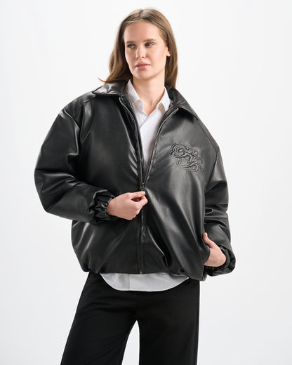 Botchi Embroidered Leather Jacket Black (Oversized - Waterproof)