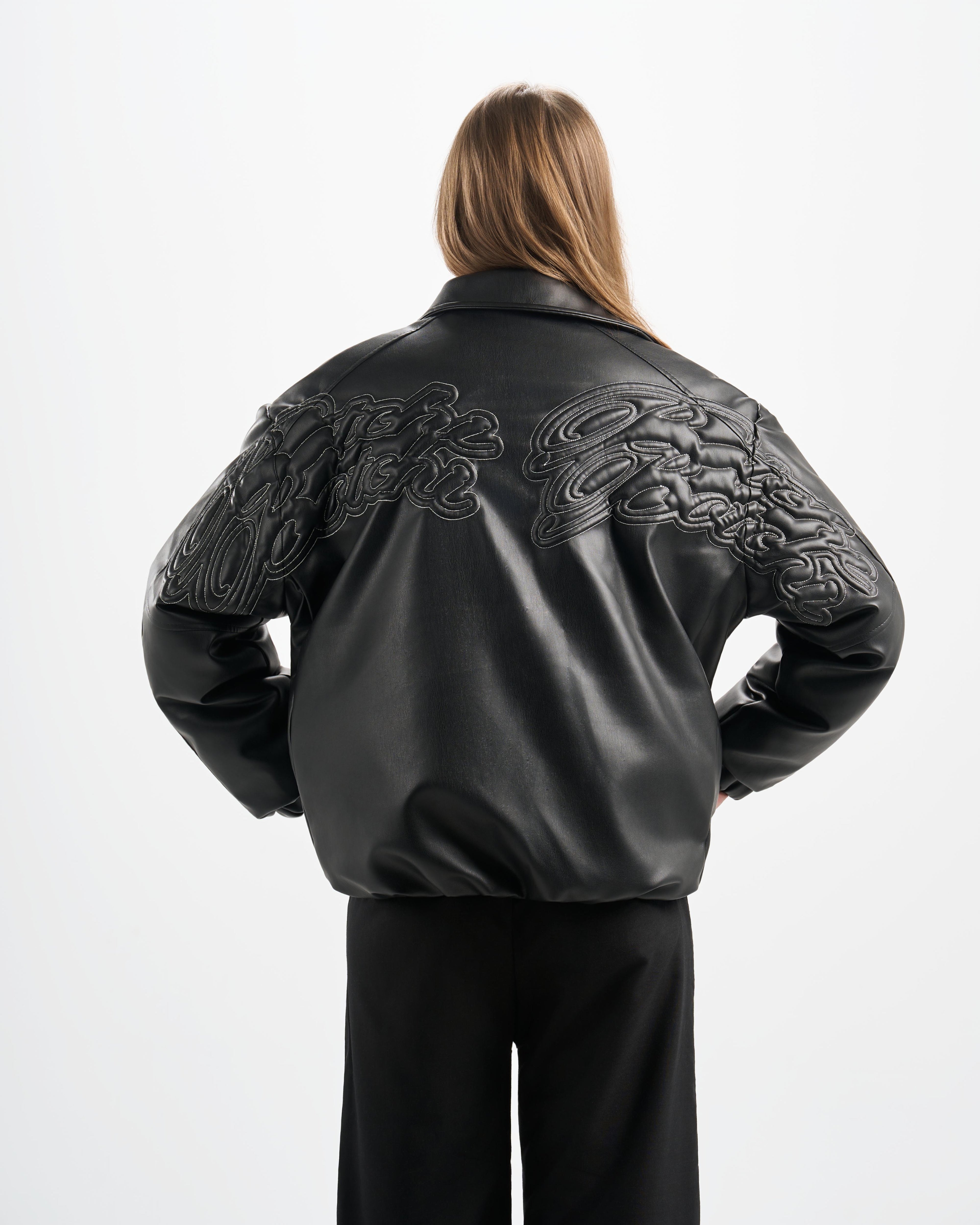 Botchi Embroidered Leather Jacket Black (Oversized - Waterproof)