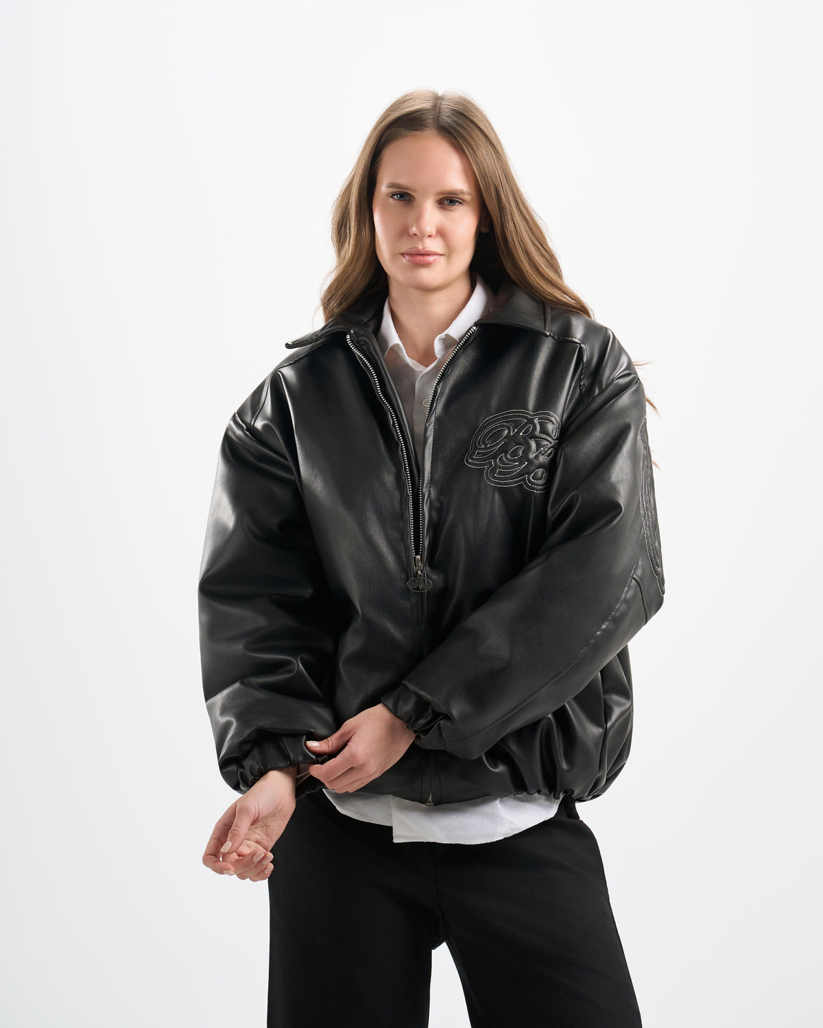 Botchi Embroidered Leather Jacket Black (Oversized - Waterproof)