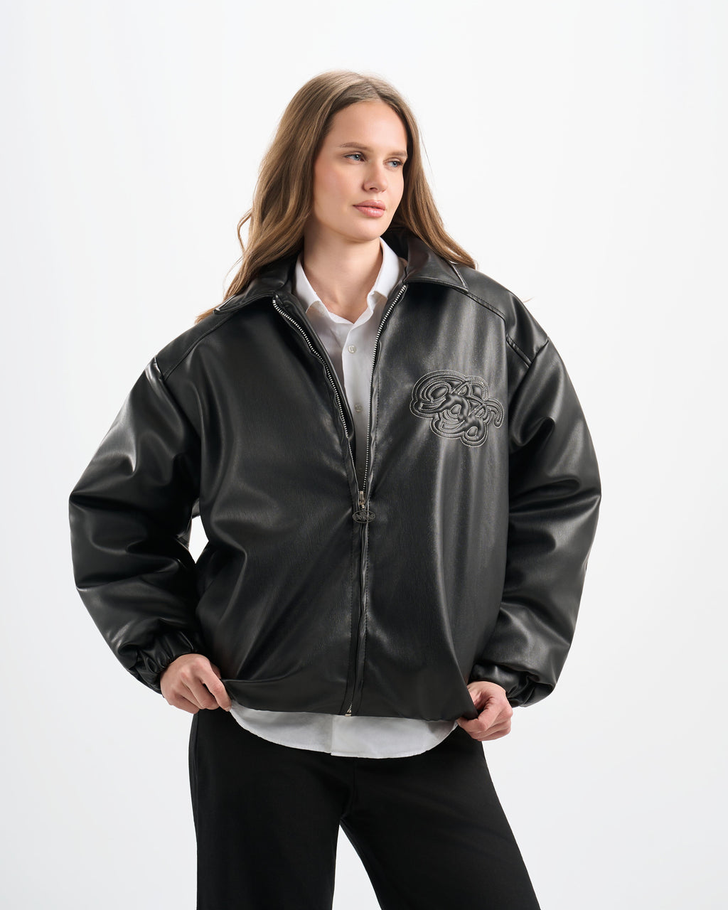 Botchi Embroidered Leather Jacket Black (Oversized - Waterproof)