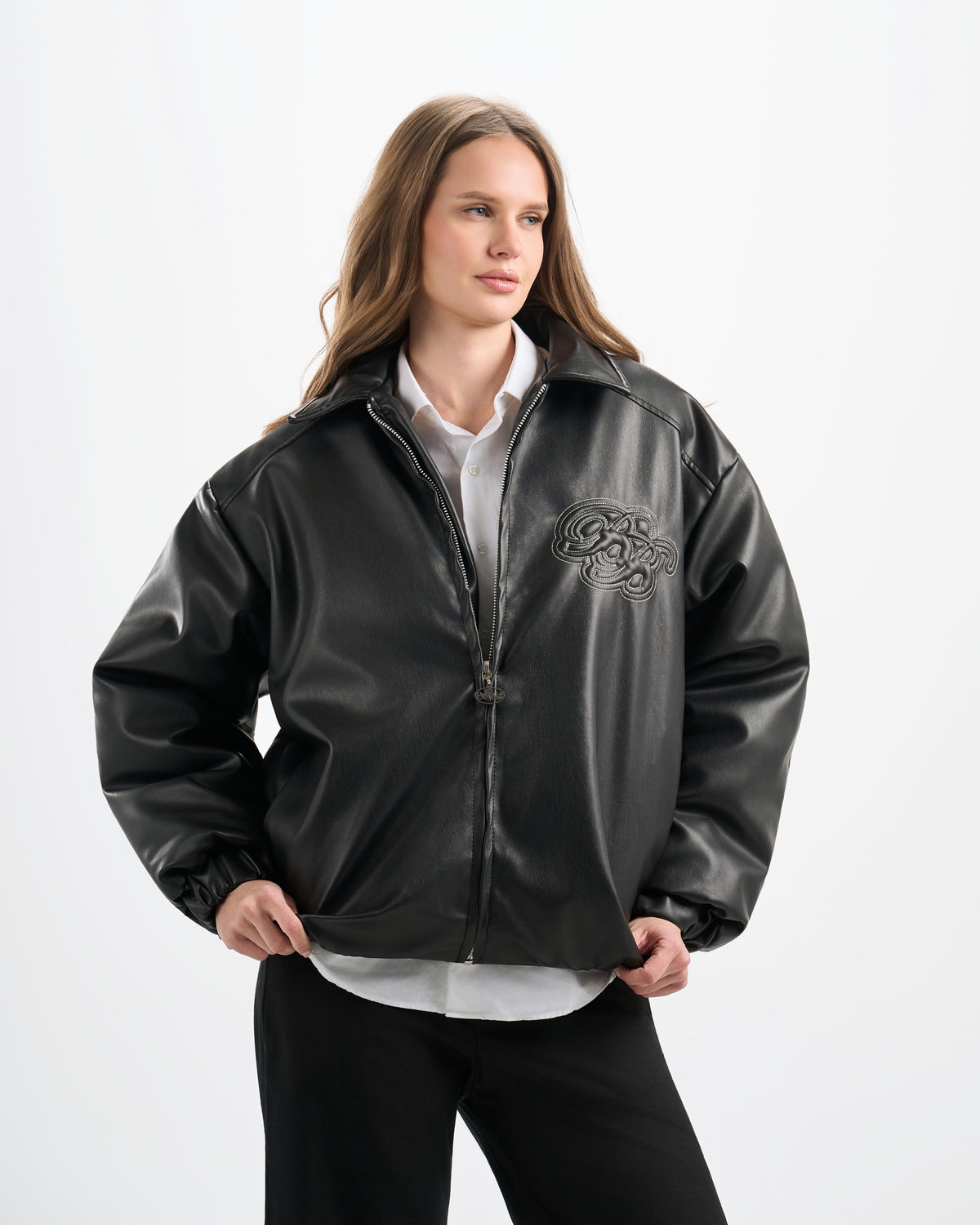 Botchi Embroidered Leather Jacket Black (Oversized - Waterproof)