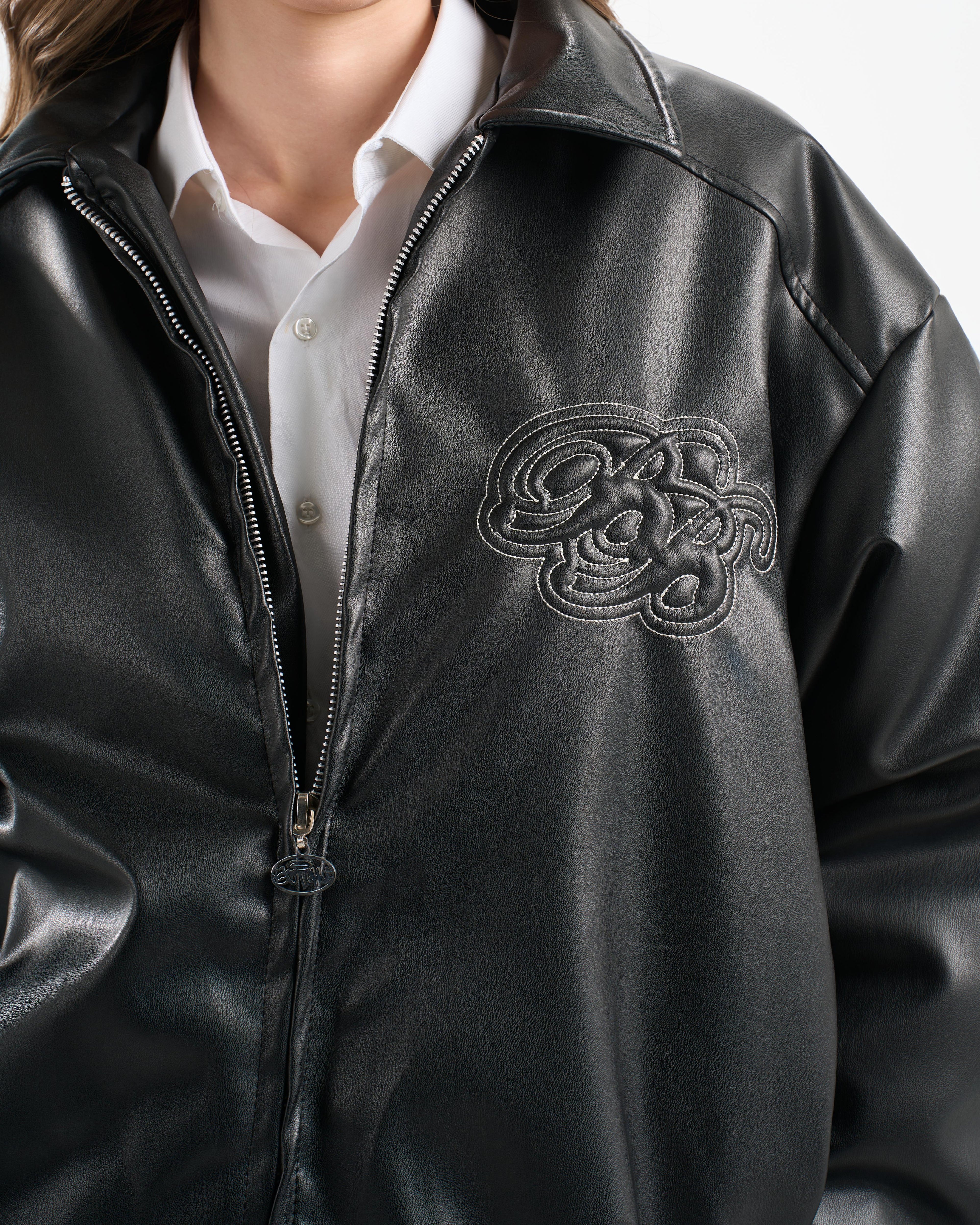 Botchi Embroidered Leather Jacket Black (Oversized - Waterproof)