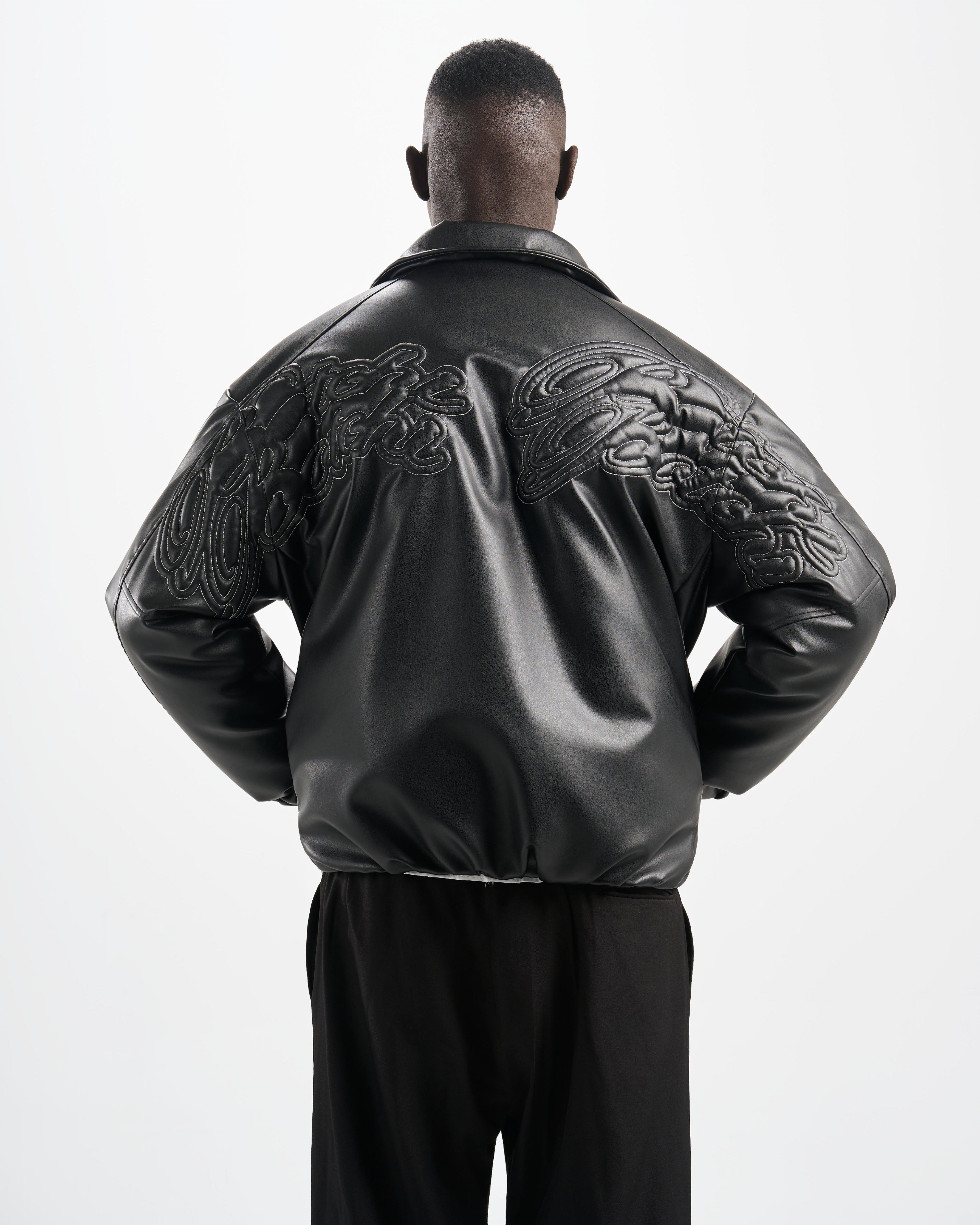 Botchi Embroidered Leather Jacket Black (Oversized - Waterproof)