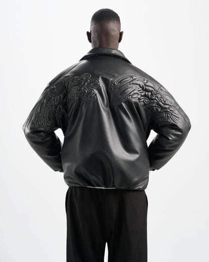 Botchi Embroidered Leather Jacket Black (Oversized - Waterproof)