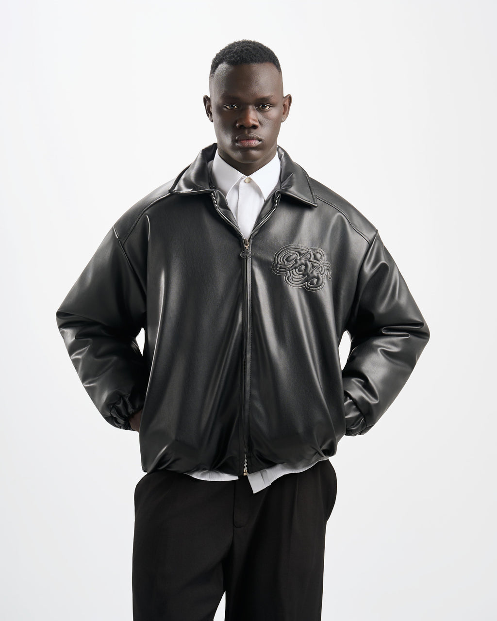 Botchi Embroidered Leather Jacket Black (Oversized - Waterproof)