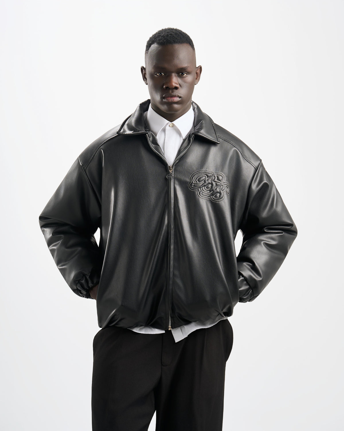 Botchi Embroidered Leather Jacket Black (Oversized - Waterproof)