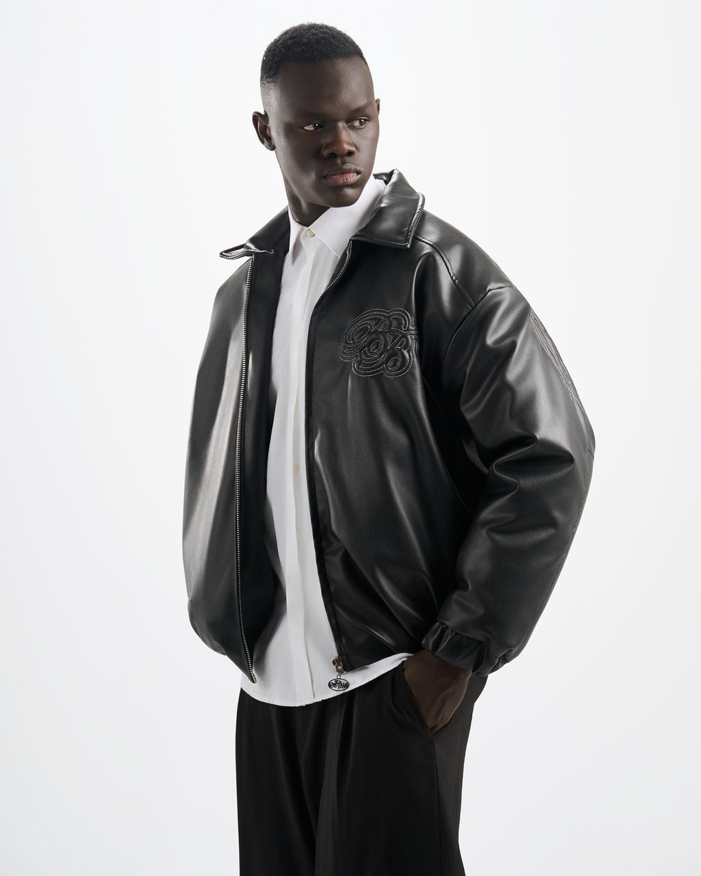 Botchi Embroidered Leather Jacket Black (Oversized - Waterproof)