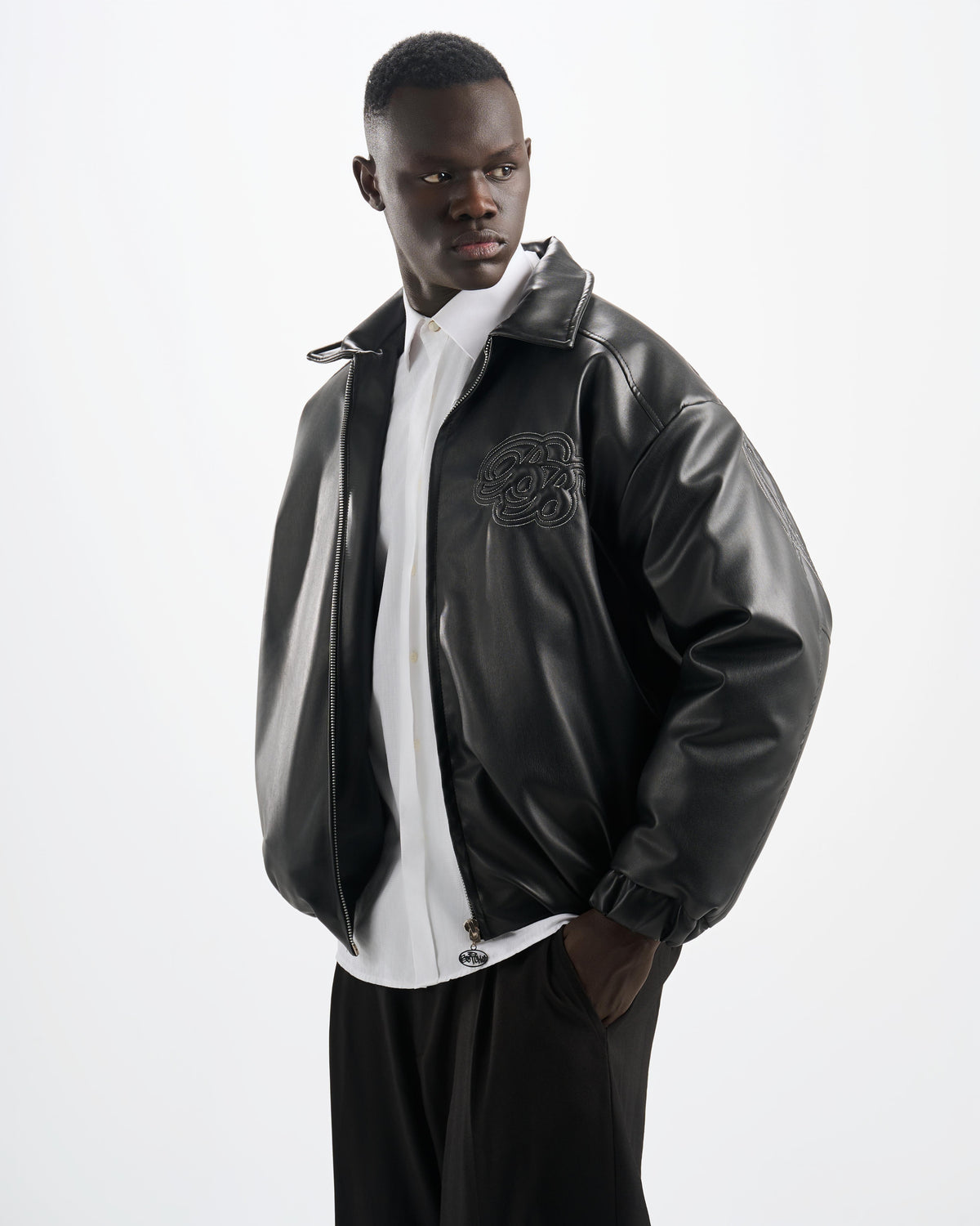 Botchi Embroidered Leather Jacket Black (Oversized - Waterproof)