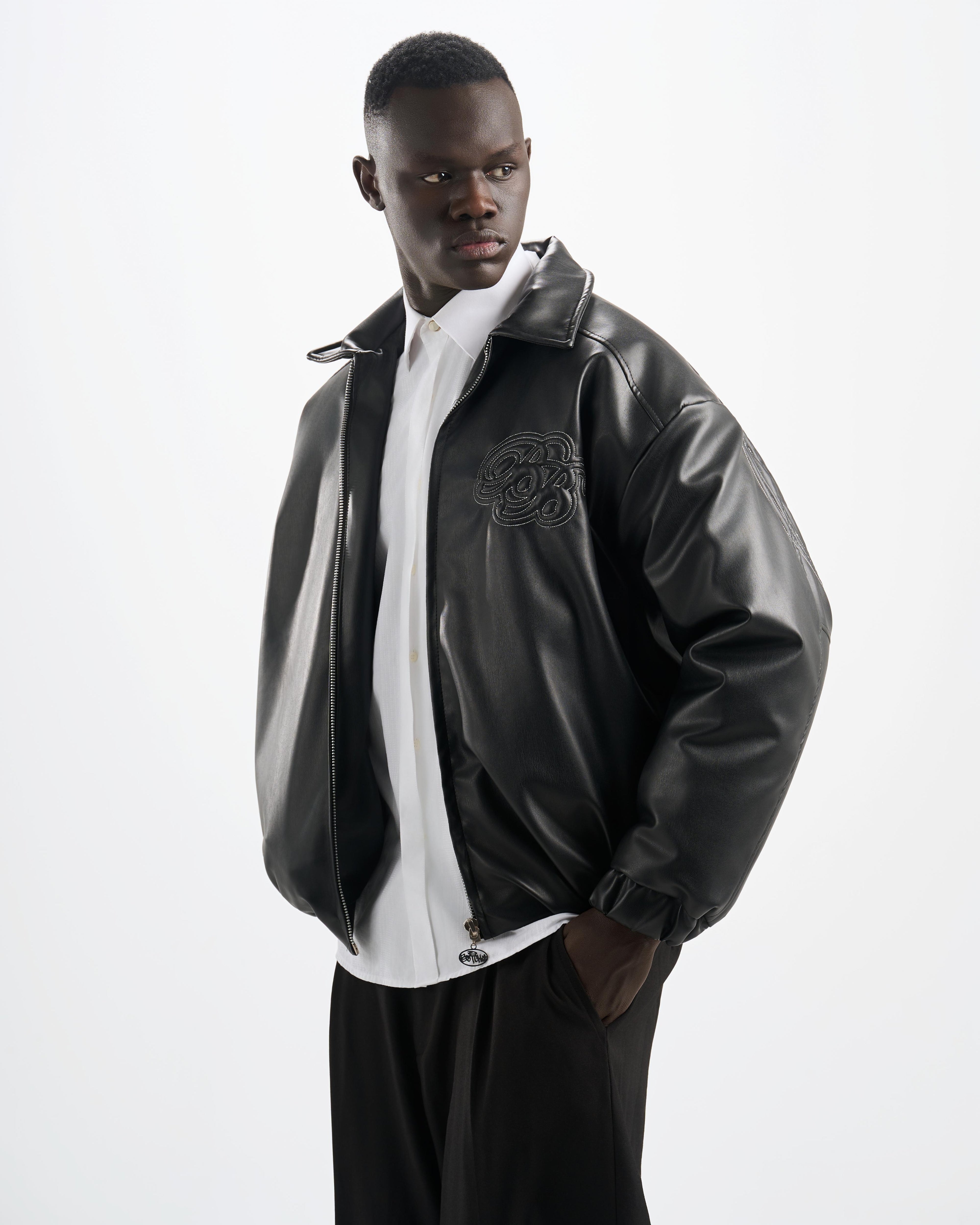 Botchi Embroidered Leather Jacket Black (Oversized - Waterproof)