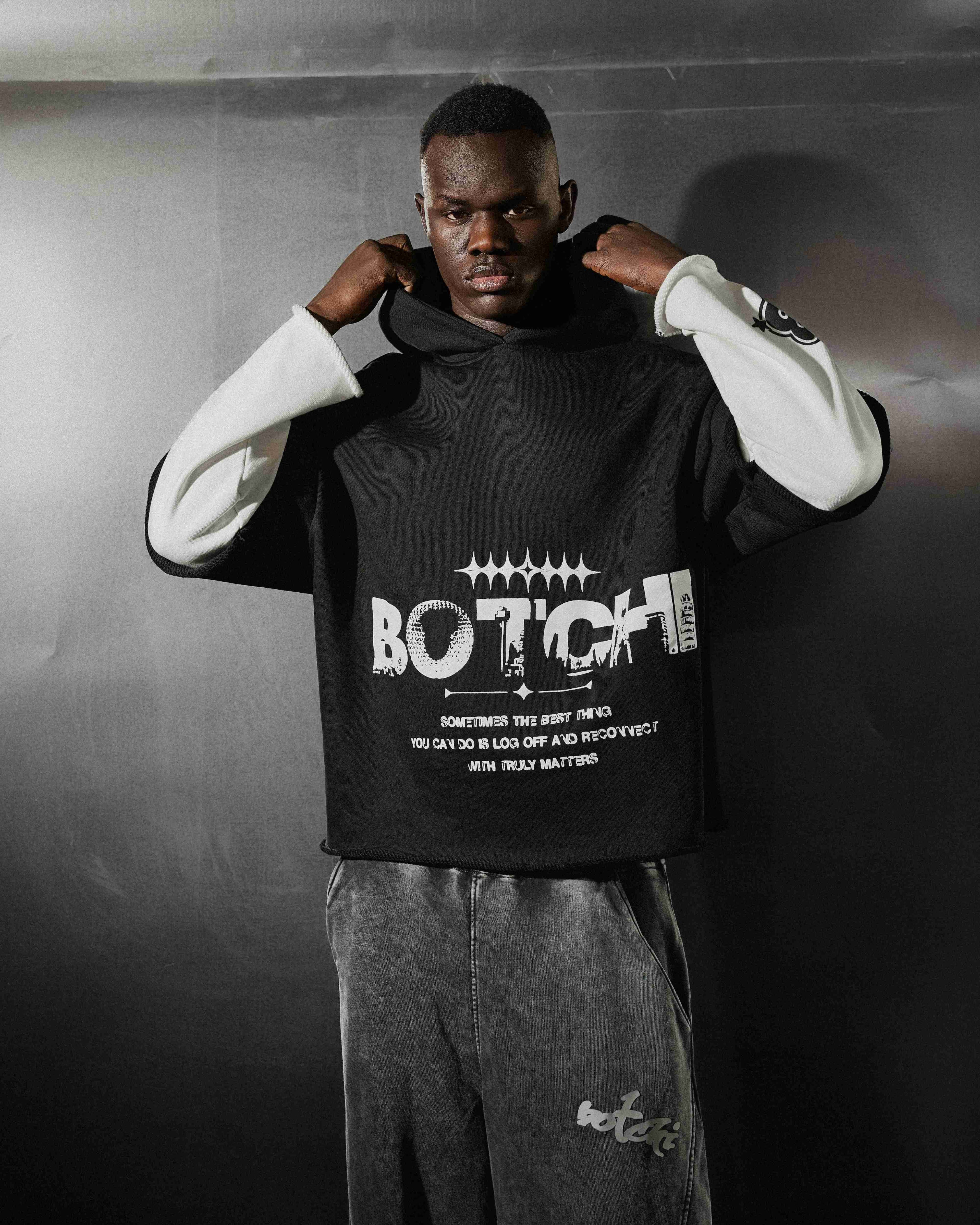 Botchi Layered Melton Hoodie Black & White