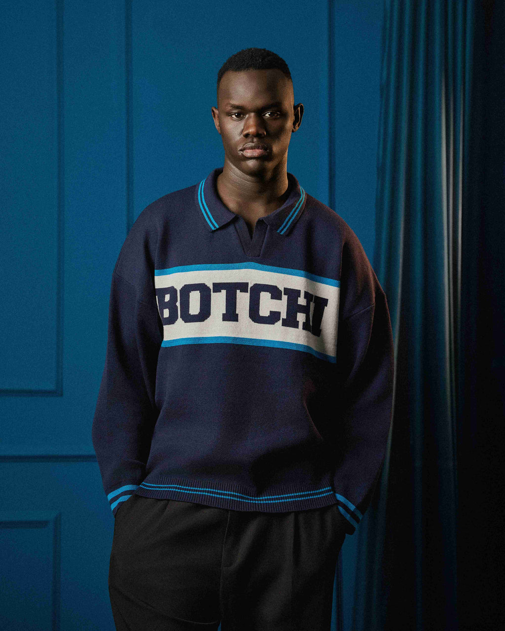 Botchi Wool Knit Polo Navy (Botchi Front Stripe)