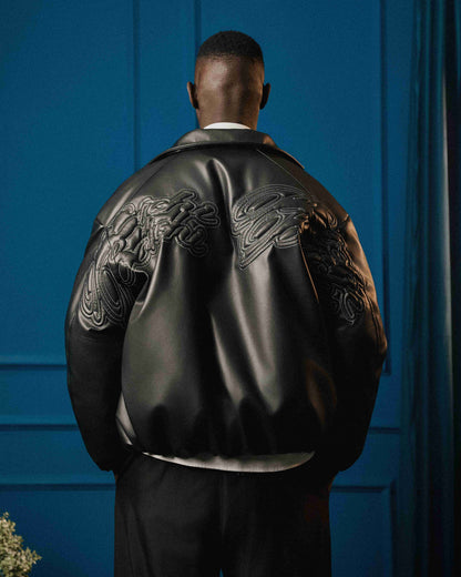Botchi Embroidered Leather Jacket Black (Oversized - Waterproof)
